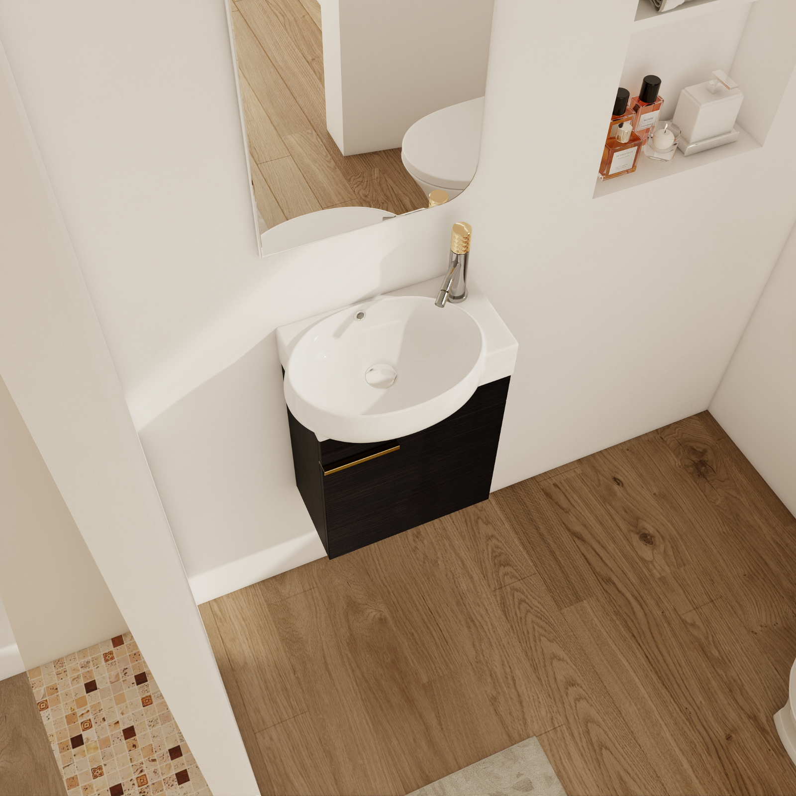 16in Plywood Wall-Mounted Small Bathroom Vanity Cabinet W/ Ceramic Sink Black