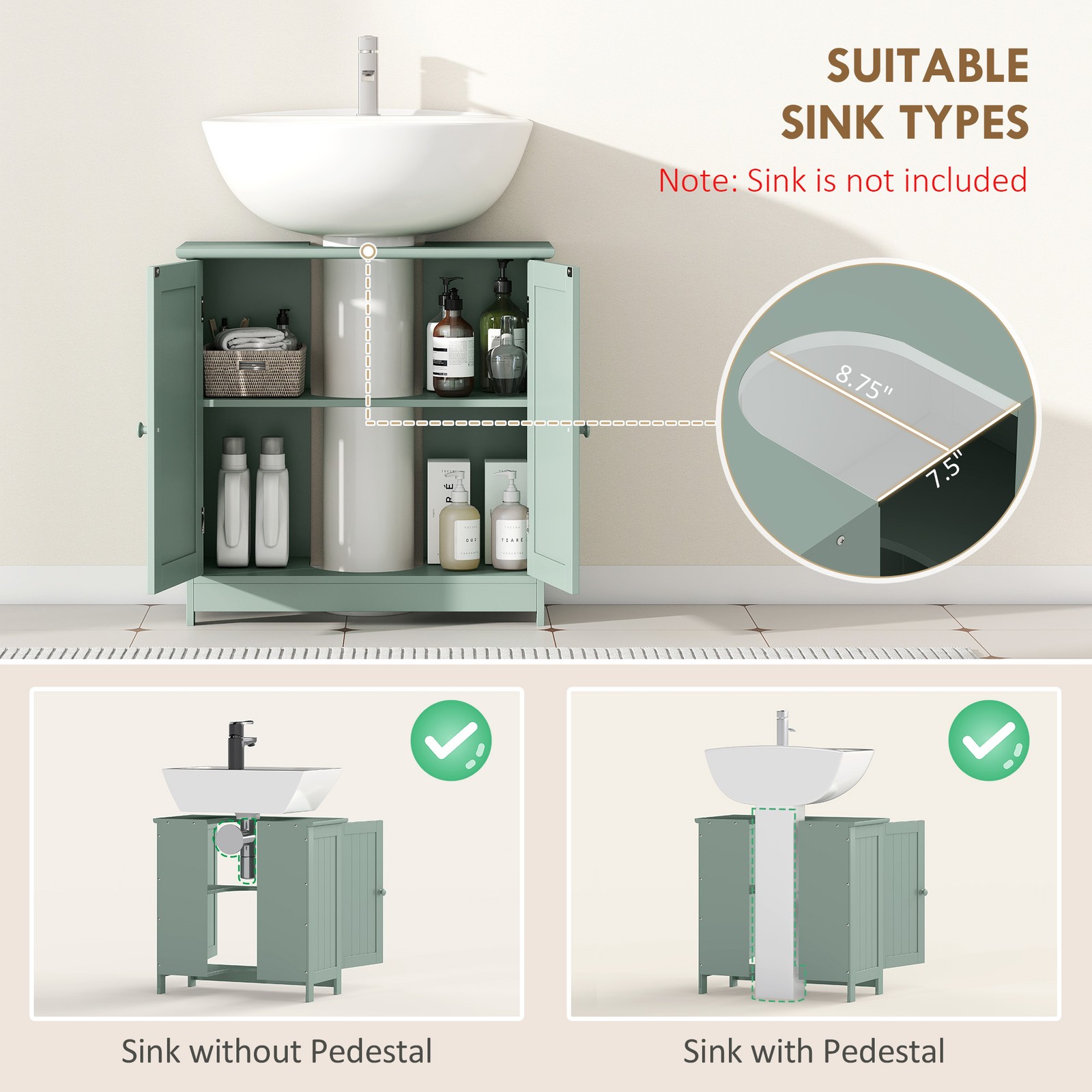 Under Sink Bathroom Cabinet with 2 Doors and Shelf, Dark Green