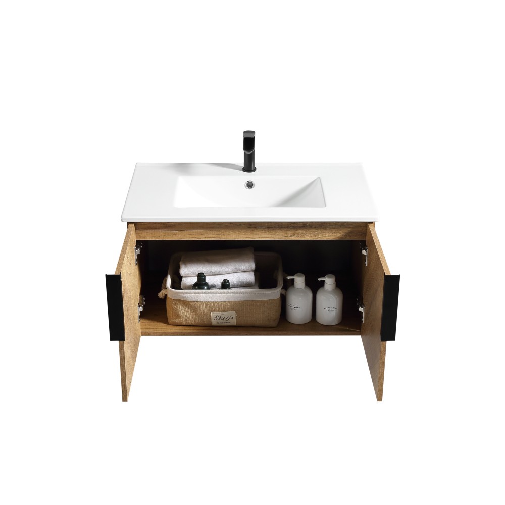 30″ Wall Mount Bathroom Vanity w/ Integrated Sink & 3D Fluted Panel