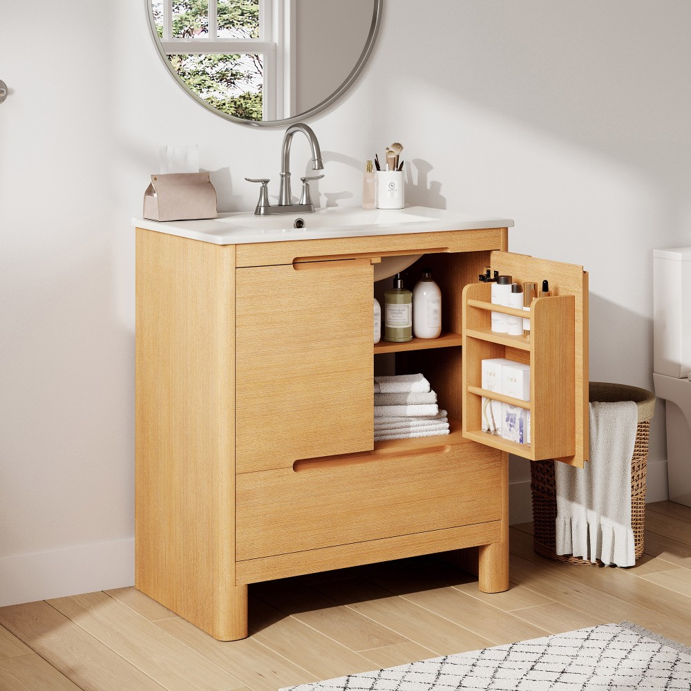 30″ Softened Modern Bathroom Vanity with Ceramic Sink, Natural Wood Grain