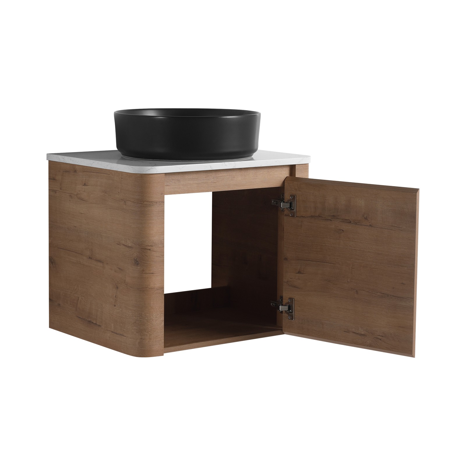 24 In Bathroom Vanity With White Flat Stone Slab Top Black Ceramic Vessel Sink
