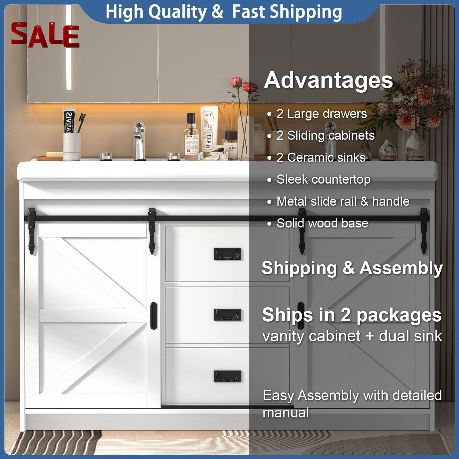 47” Bathroom Vanity with Double Sink Freestanding Bathroom Vanity w/ 2 Drawers