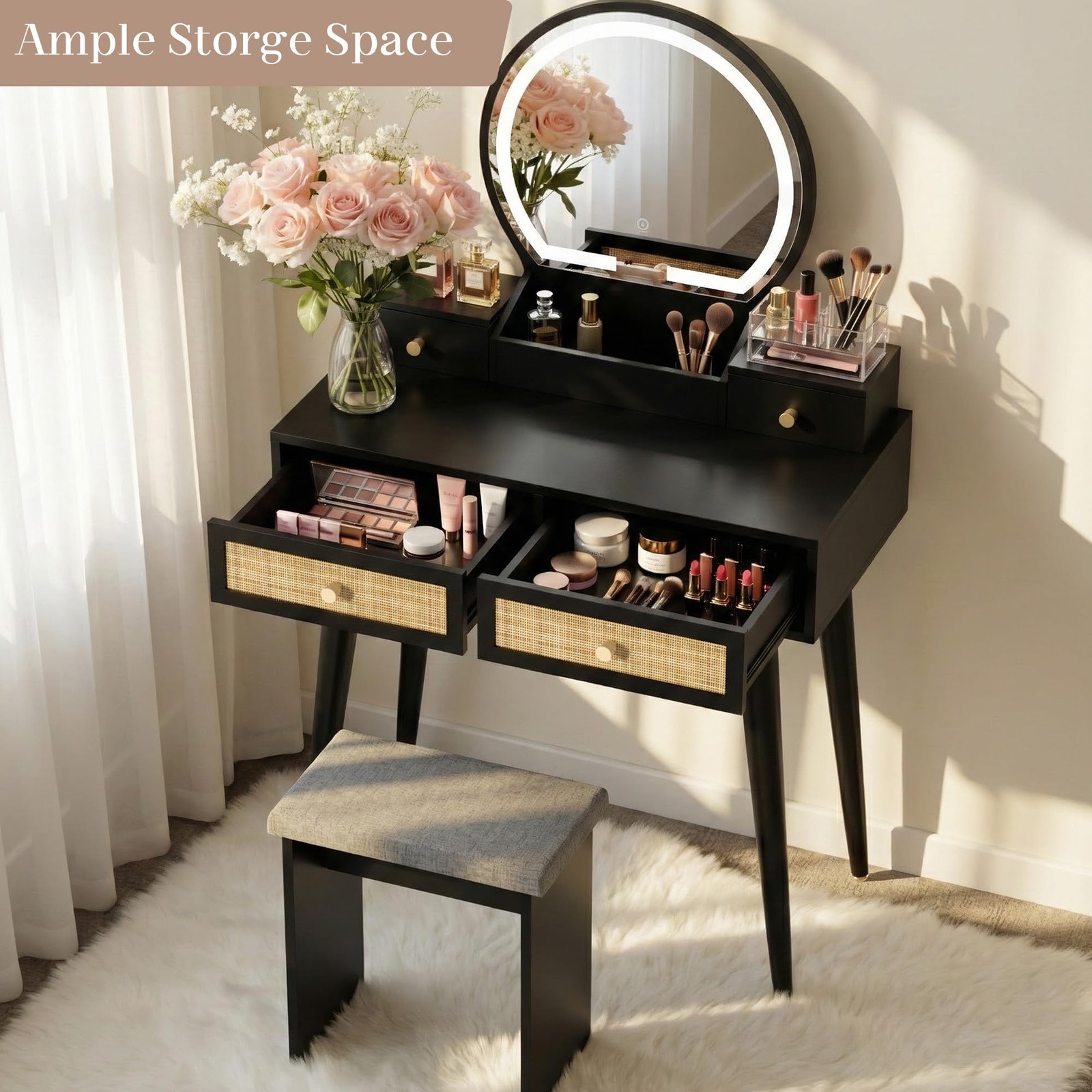 Rattan Vanity Desk with Stool 31″ Space Saving Makeup Table with LED