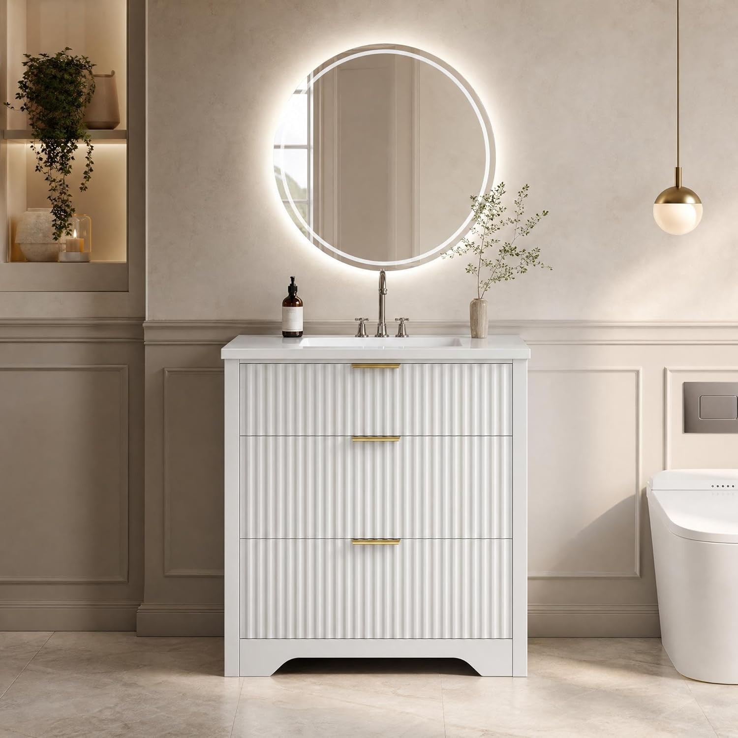 Bathroom Vanity w/ Sink,Fluted Freestanding Vanity Cabinet,Ceramic Basin Vanity