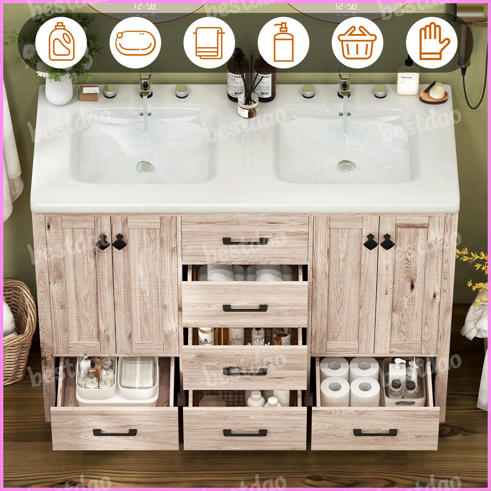 47″ Freestanding Bathroom Cabinet with Double Sink Black Vanity w/ Ceramic Sink