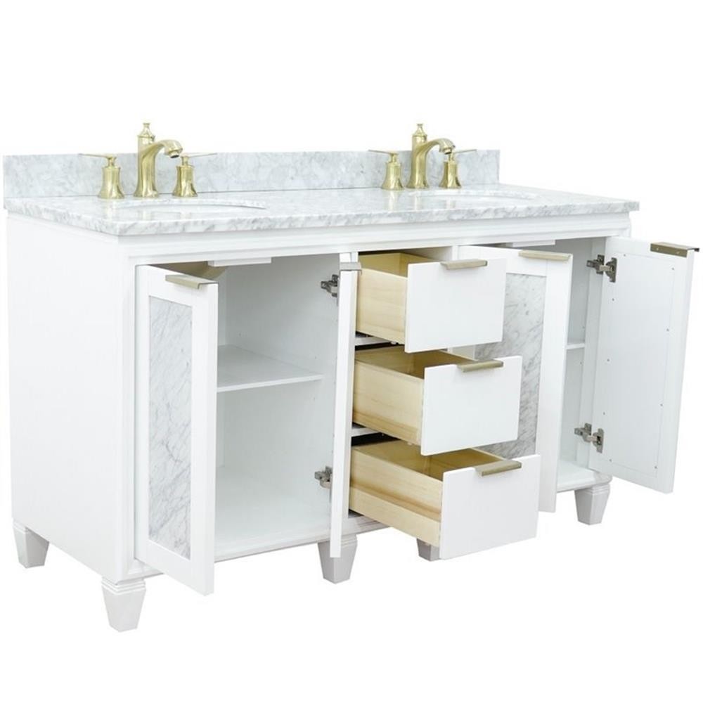 Trento 61″ Double Oval Sink Solid Wood Vanity in White/White Carrara