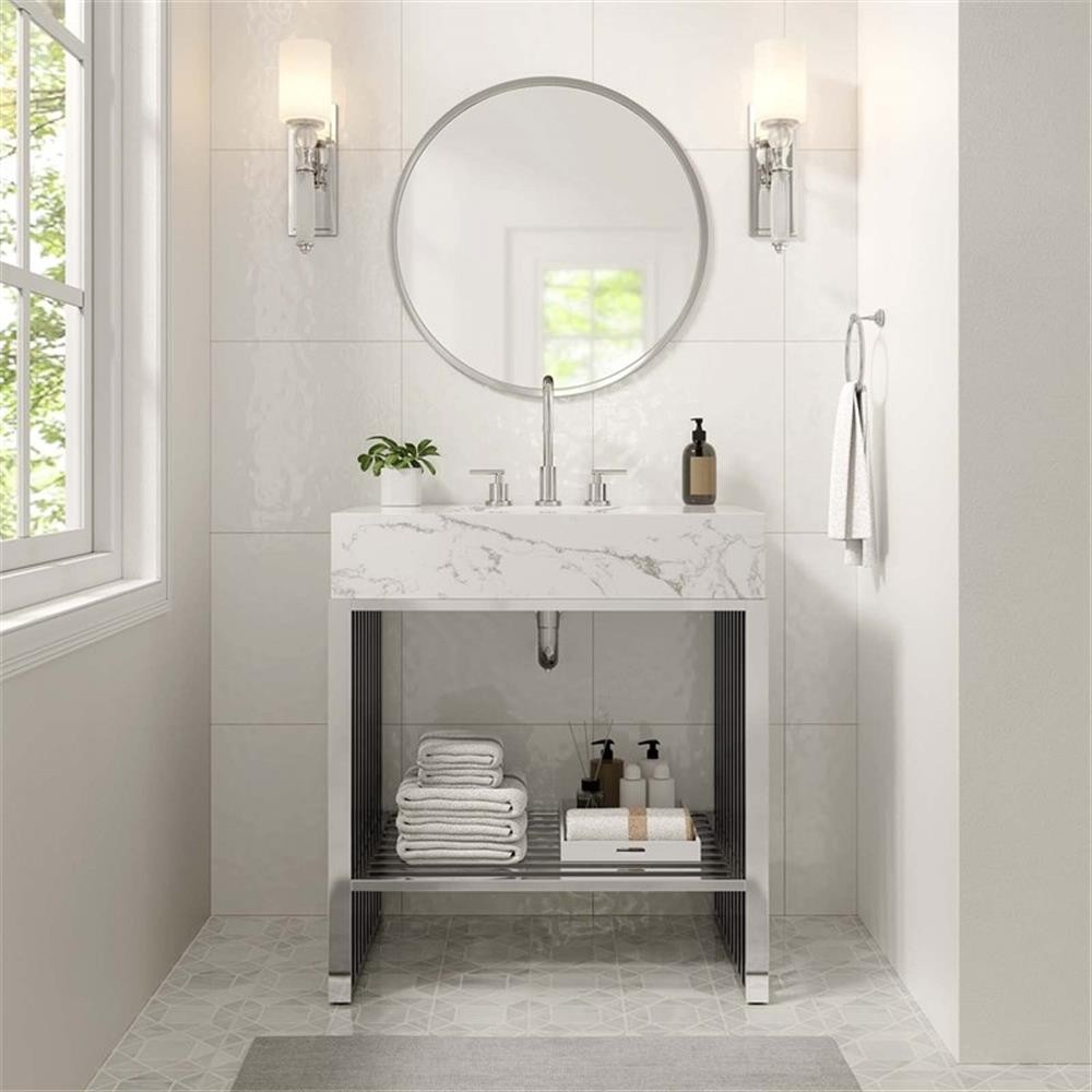Pemberly Row 30″ Stainless Steel Bathroom Vanity in White/Silver