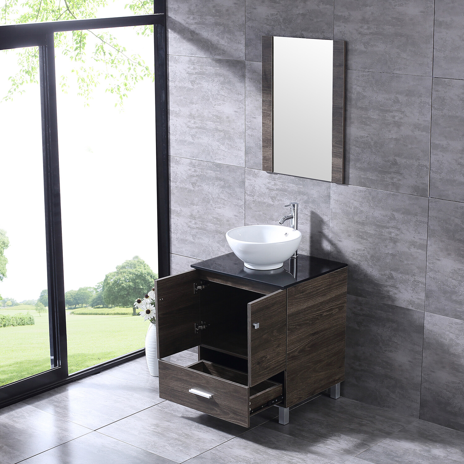 24″ Bathroom Vanity Wood Cabinet Ceramic Sink Brown Mirror Combo w/Faucet Drain