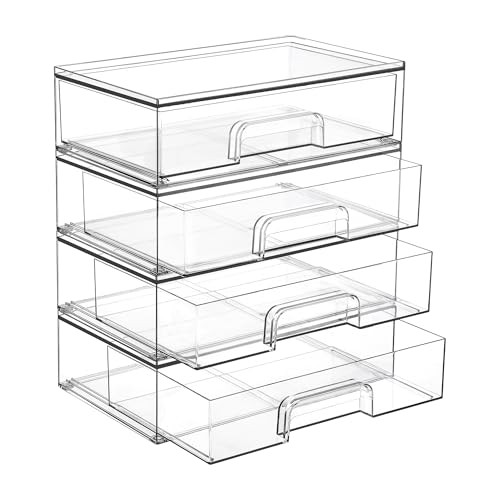 12.1”W Clear Stackable Storage Drawers,4 Pack Acrylic Plastic 4pack Wide