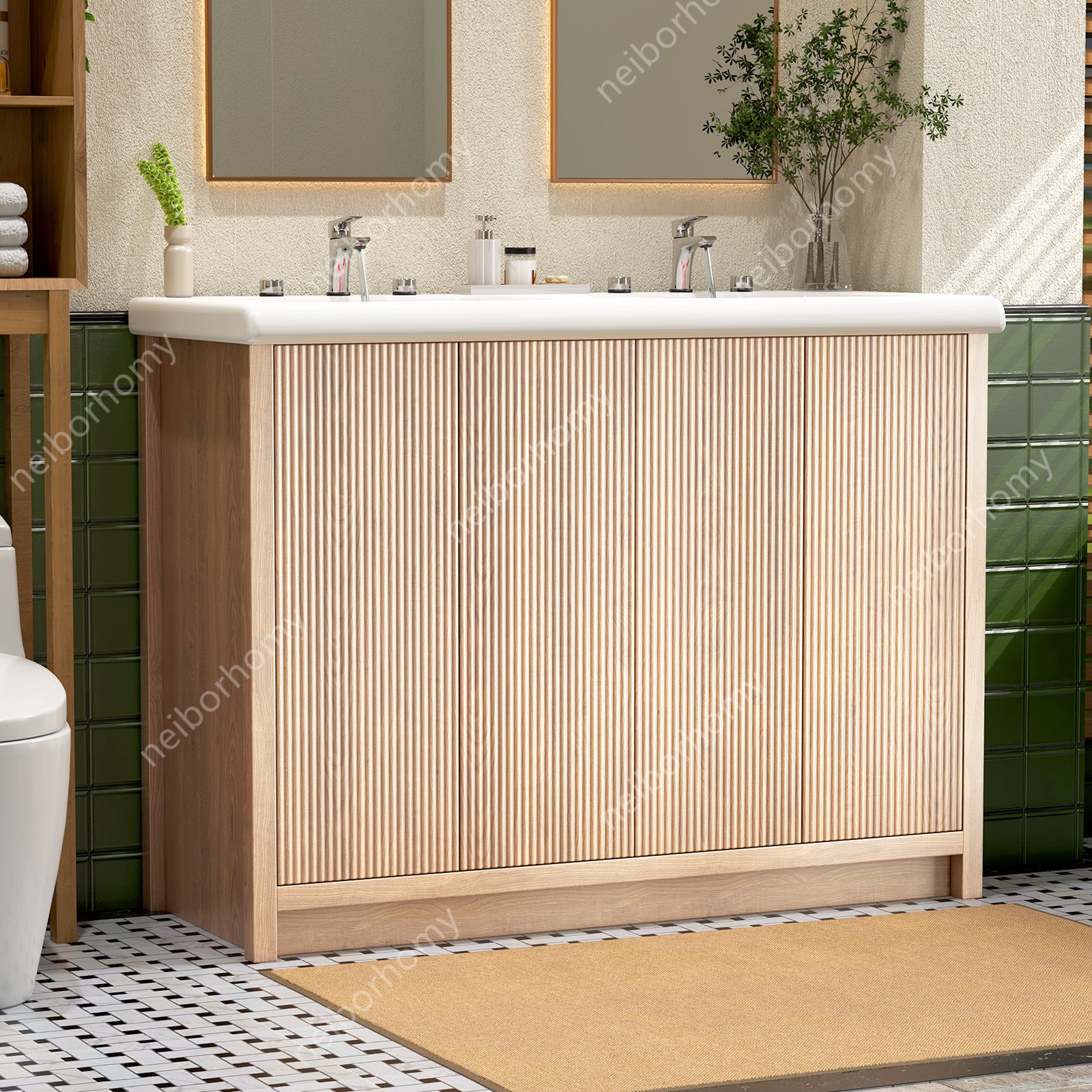 47″ Double Sink Bathroom Vanity Wood Grain Modern 2 Basin Storage Cabinet