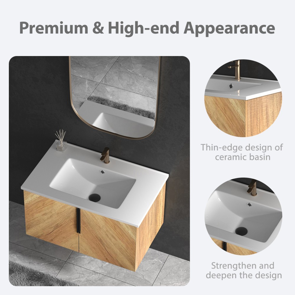 30 Inch Bathroom Vanity with Fluted Panel, Integrated Sink, Wall Mount
