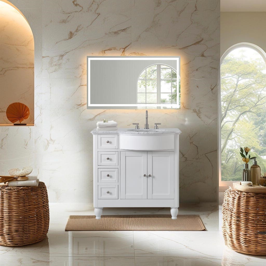 36″ White Bathroom Vanity Single Right Hand Sink Cabinet Marble Top