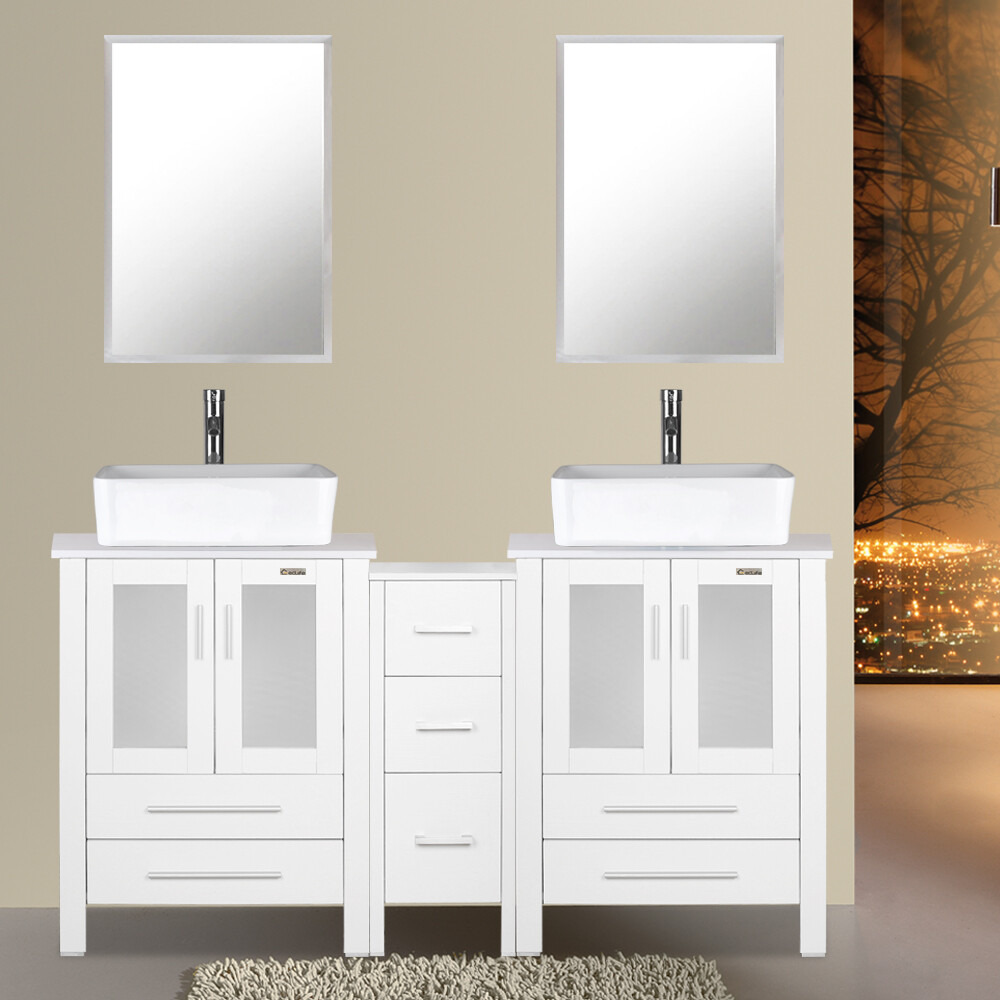 60 inch Bathroom Vanity W/ Side Table Ceramic Vessel Sink Faucet Mirror Combo