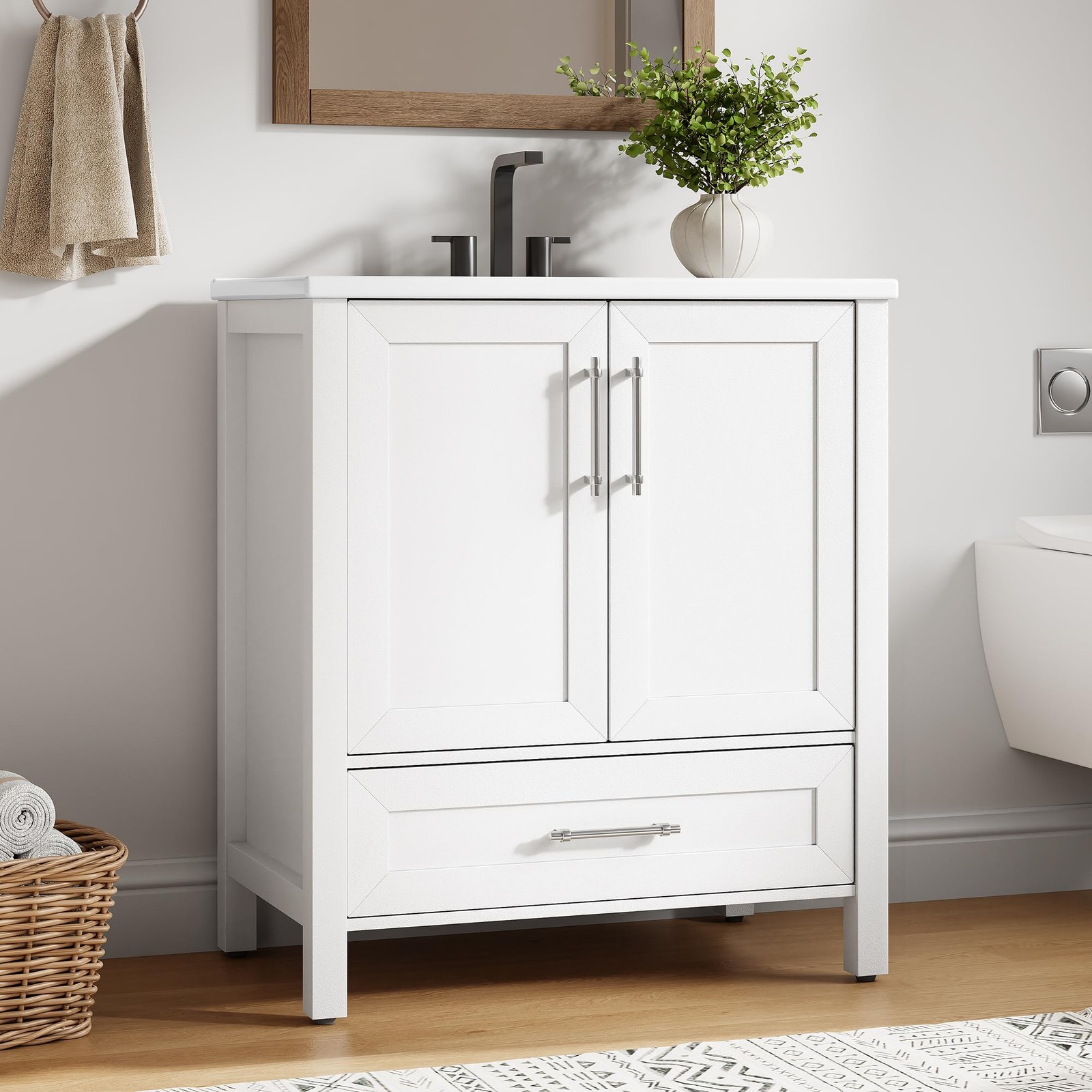 Small Space 30″ Vanity, Wood Freestanding, Soft-Close Door, Metal Handle, Sink