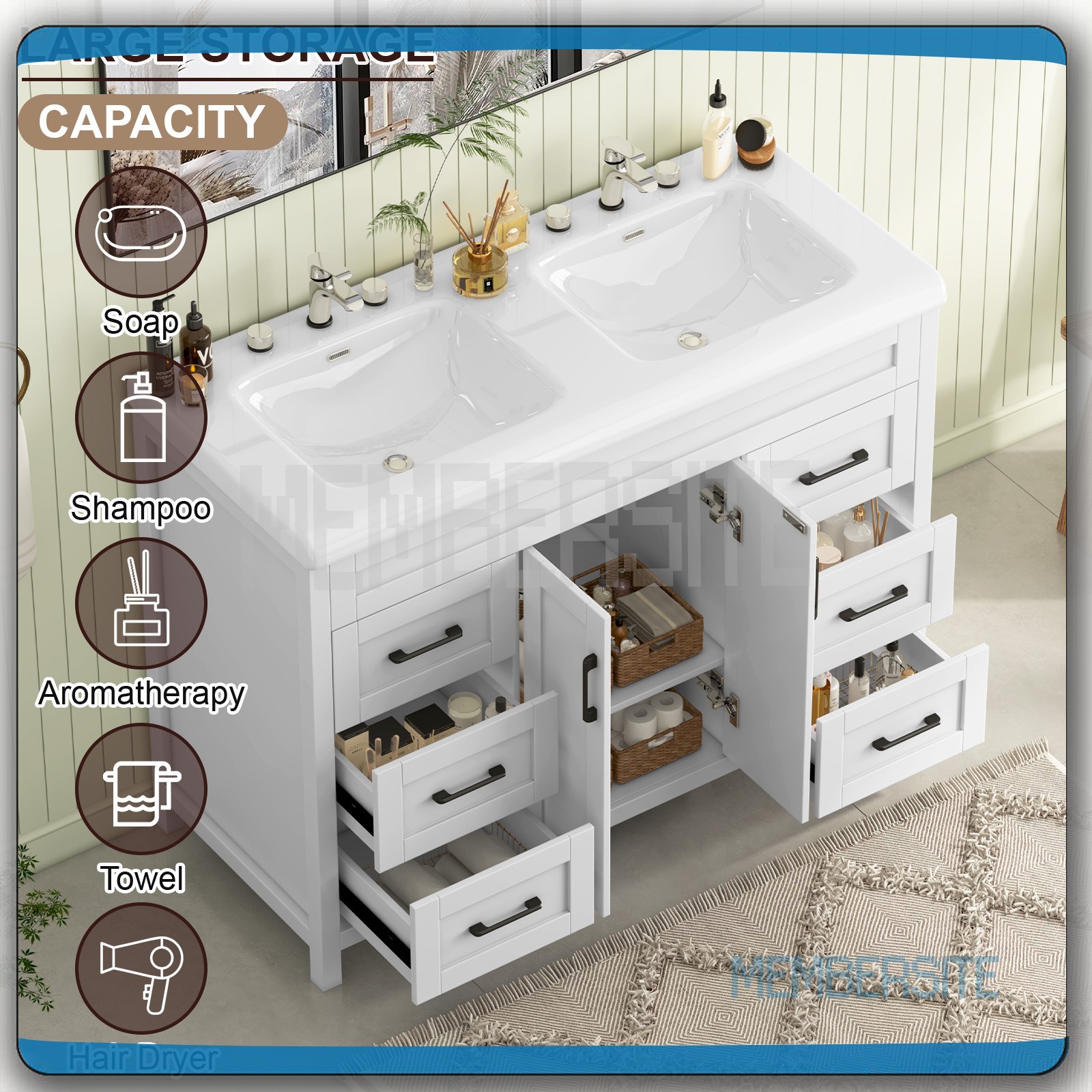 NEW 47.3″ Bathroom Vanity w/ 2 Ceramic Sink ,Storage Cabinet w/Soft Closing Door