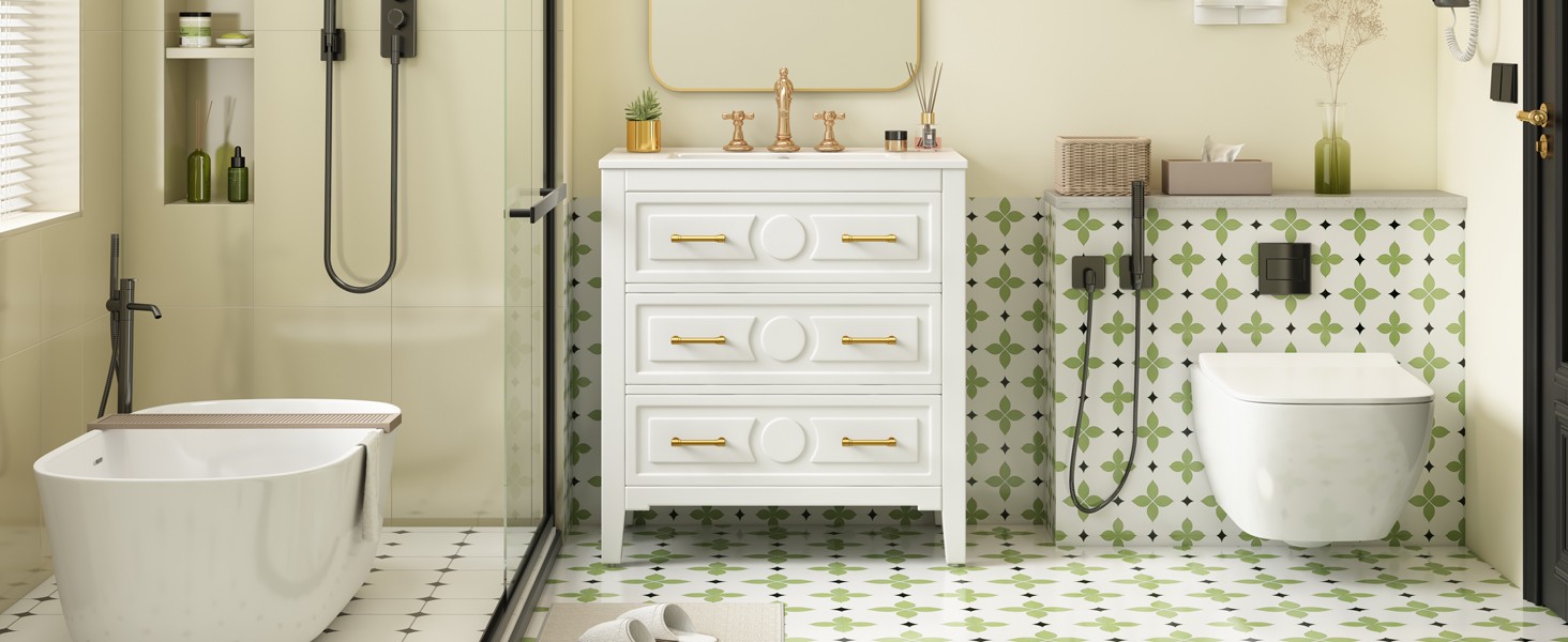 White 30″ Free Standing Bathroom Vanity w/ Ceramic Sink & 3 Drawers, Solid Wood