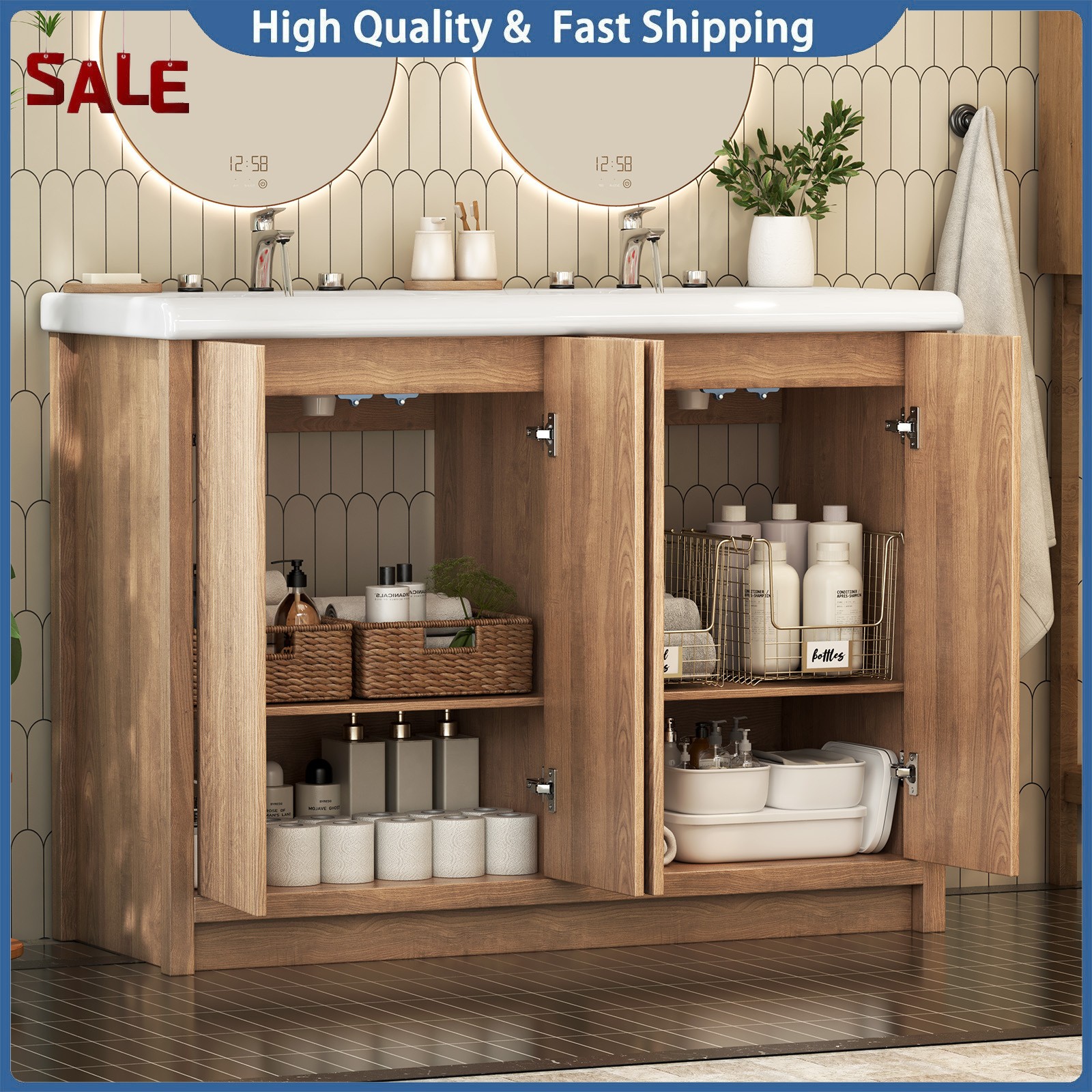 47″ Large Bathroom Vanity Double Ceramic Sink Freestanding Cabinet Storage
