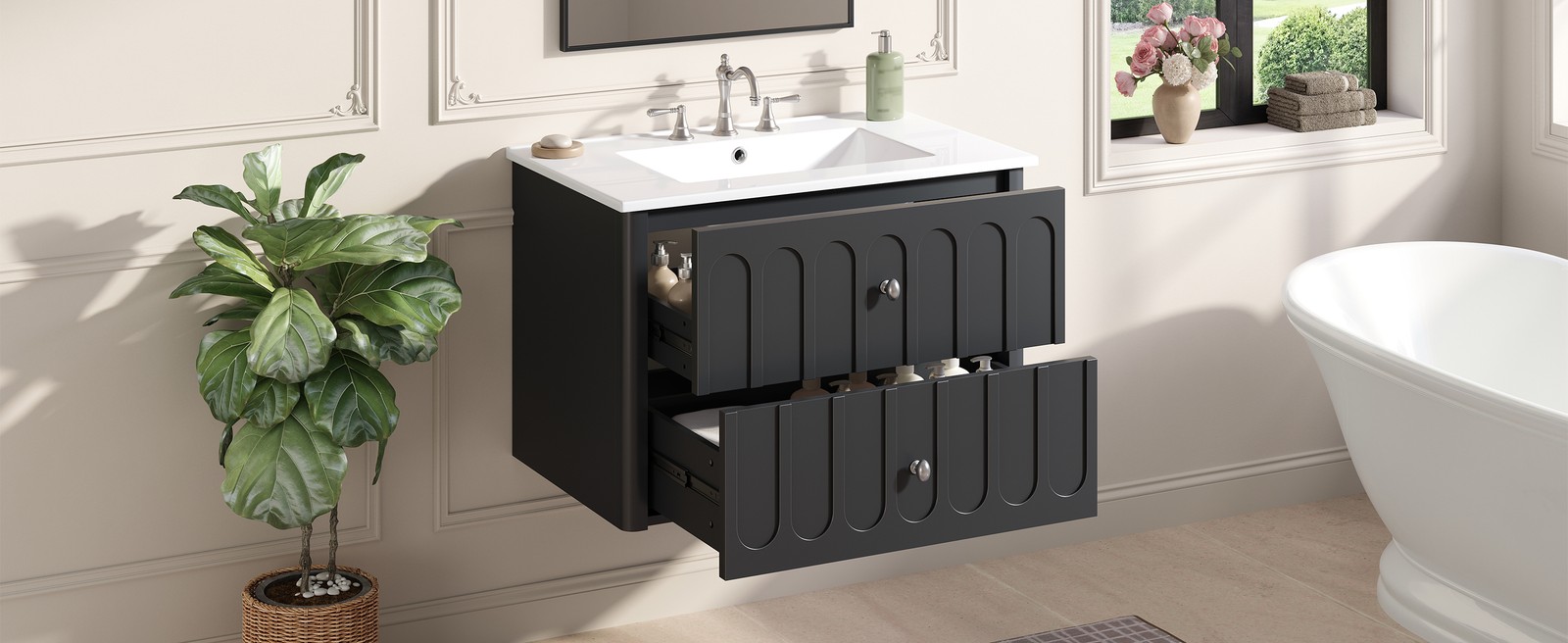 30″ Modern Bathroom Cabinet Floating Bathroom Vanity w/Oval Knobs & Round Edge