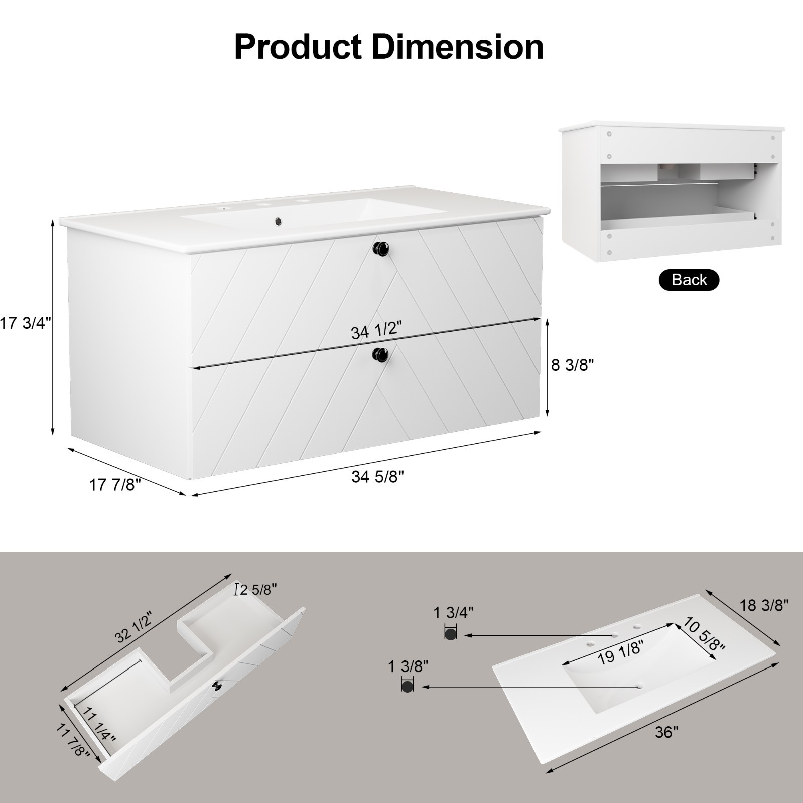 36″ 30″ 24″ Wall Mounted Bathroom Vanity Cabinet with Ceramic Sink Combo White