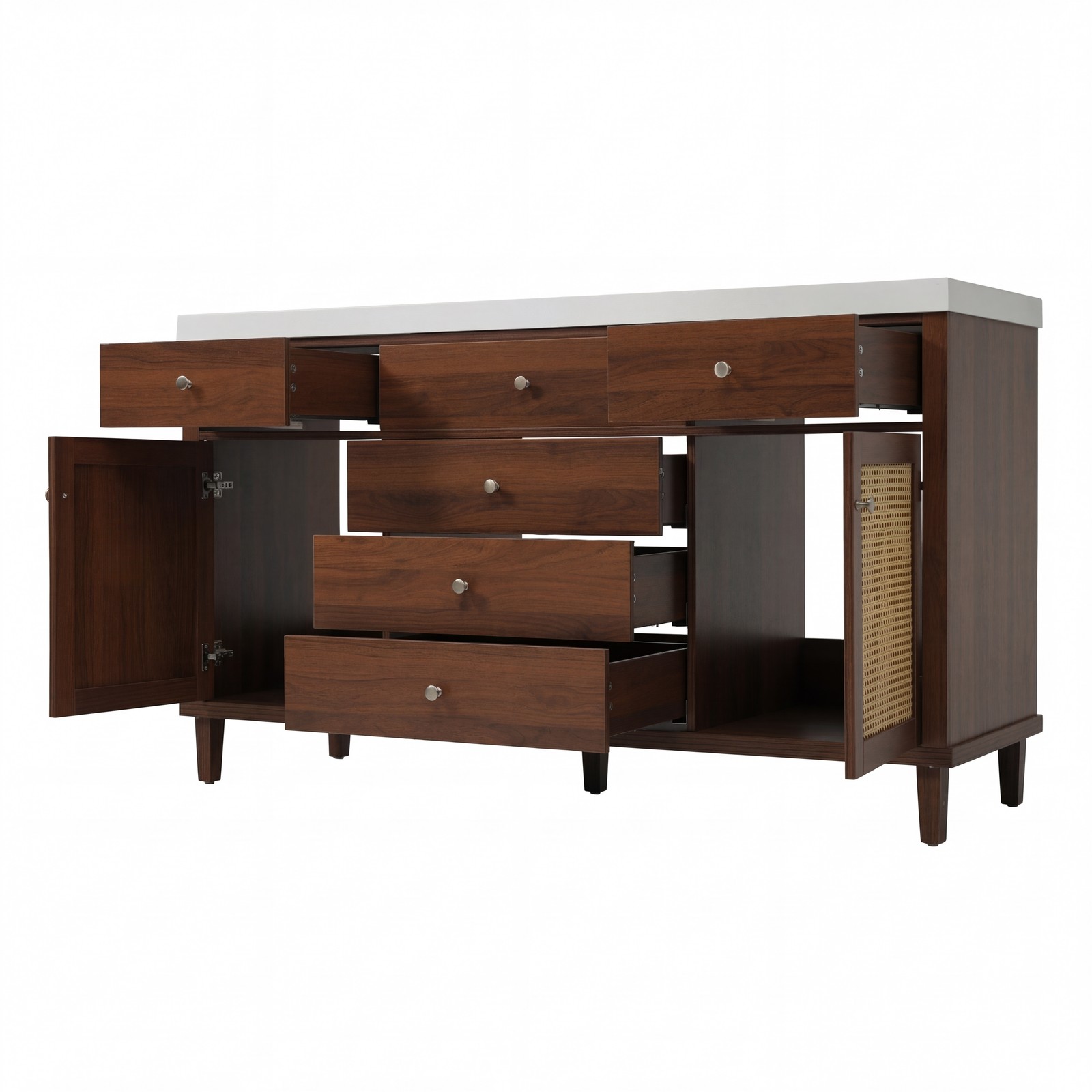 60″ Bathroom Vanity with SMC Sink, Brown, Soft Close Drawers & Rattan Doors