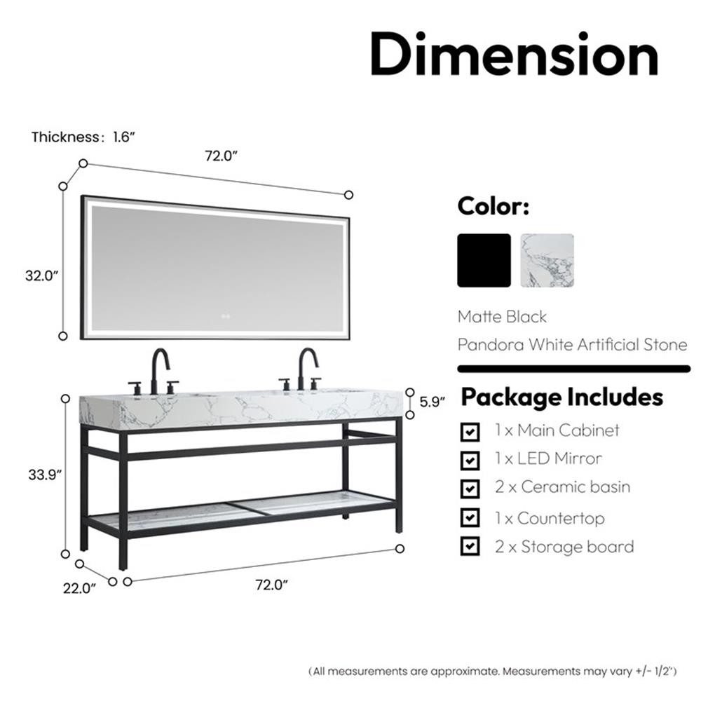 Ecija 72″ Matte Black Metal Vanity with Pandora White Composite Top and Mirror