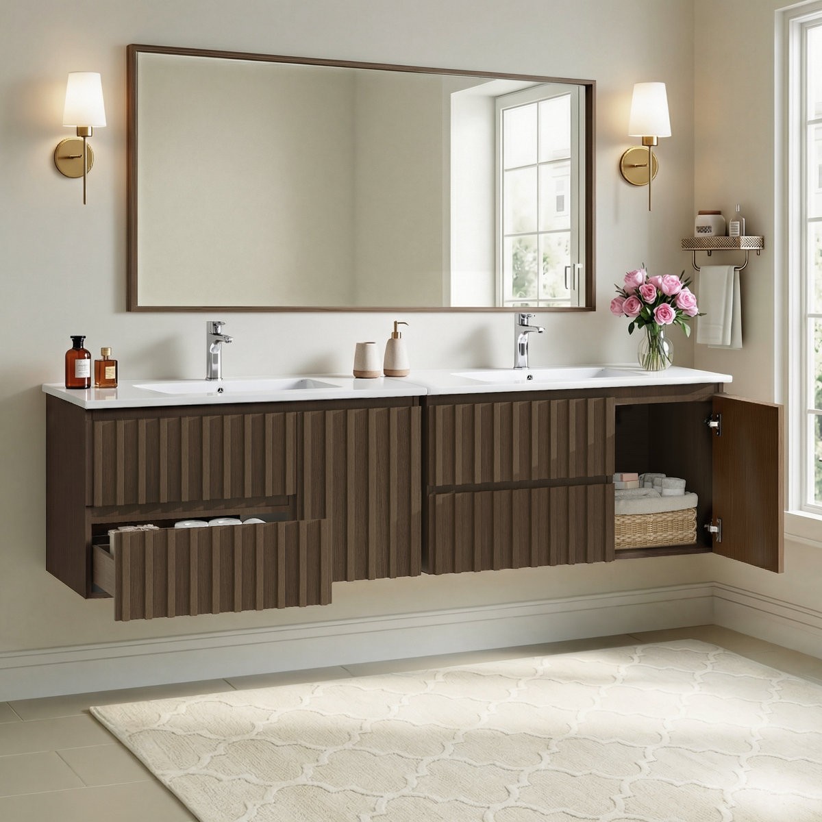 36″ Floating Bathroom Vanity with Ceramic Sink Wall Mounted Soft Close Drawers