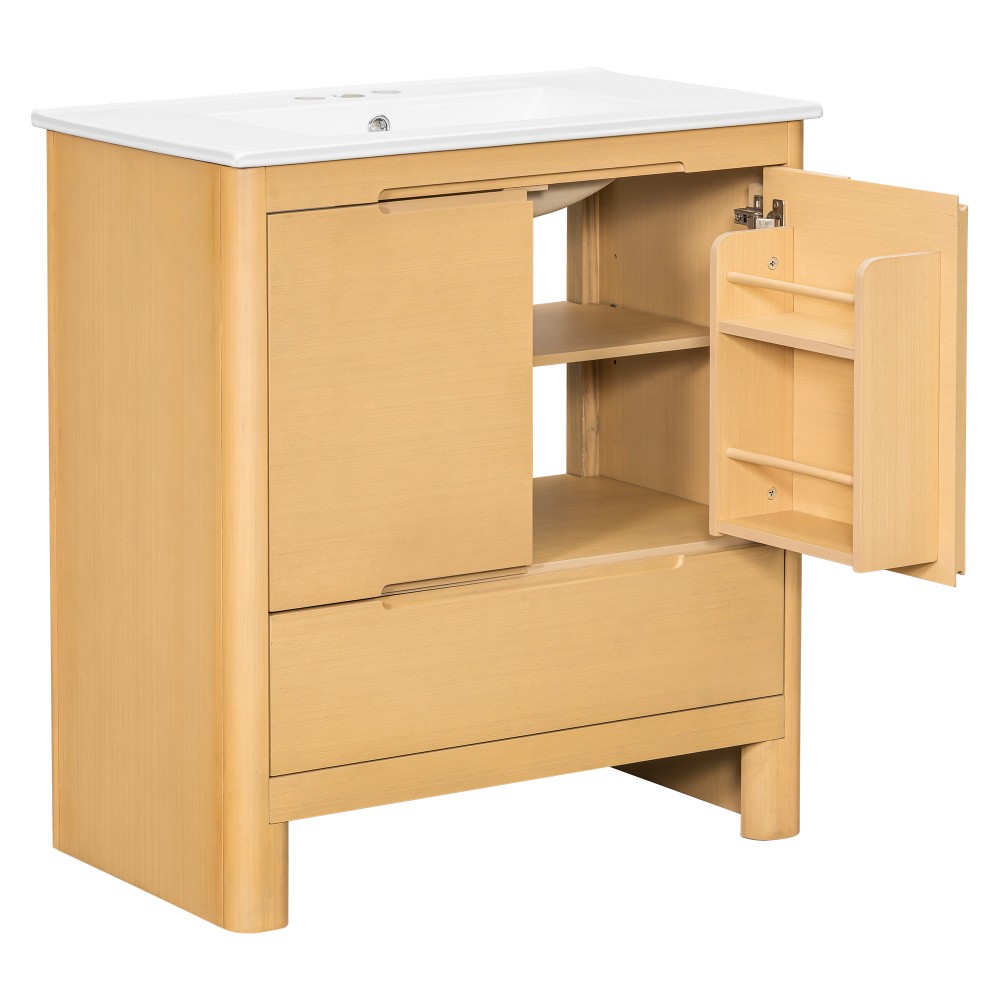 30″ Softened Modern Bathroom Vanity with Ceramic Sink, Natural Wood Grain