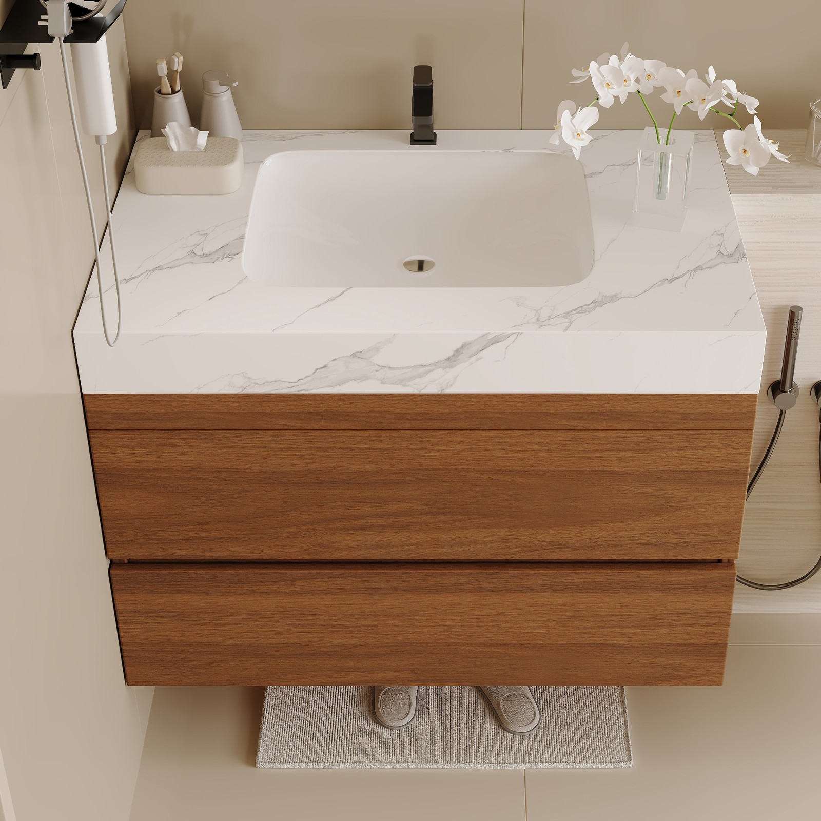 29.9″ Modern Floating Bathroom Vanity Storage Cabinet w/Faux Marble Top & Sink