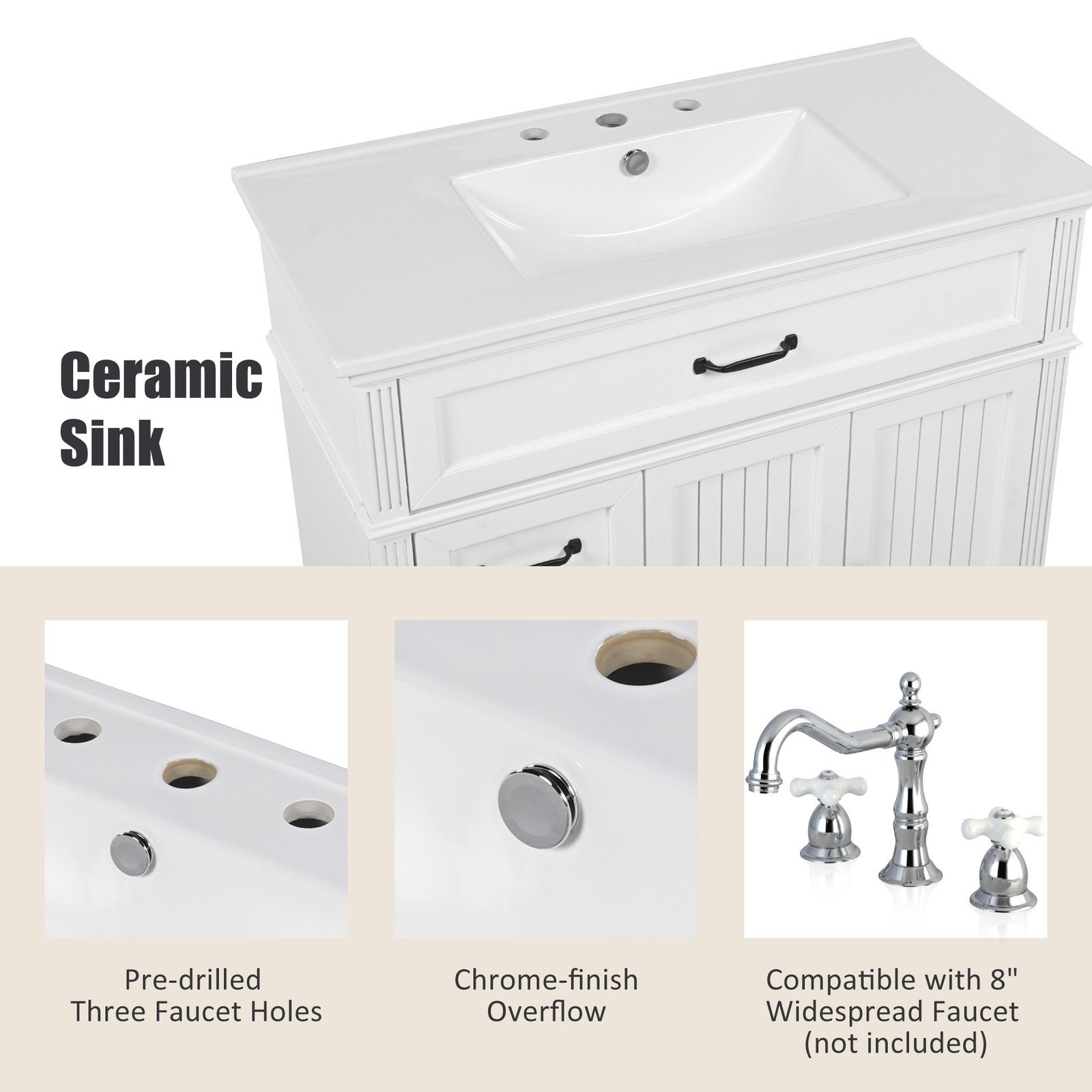 36″ Bathroom Vanity w/Ceramic Sink, Storage Cabinet w/Soft-Close Doors & Drawers