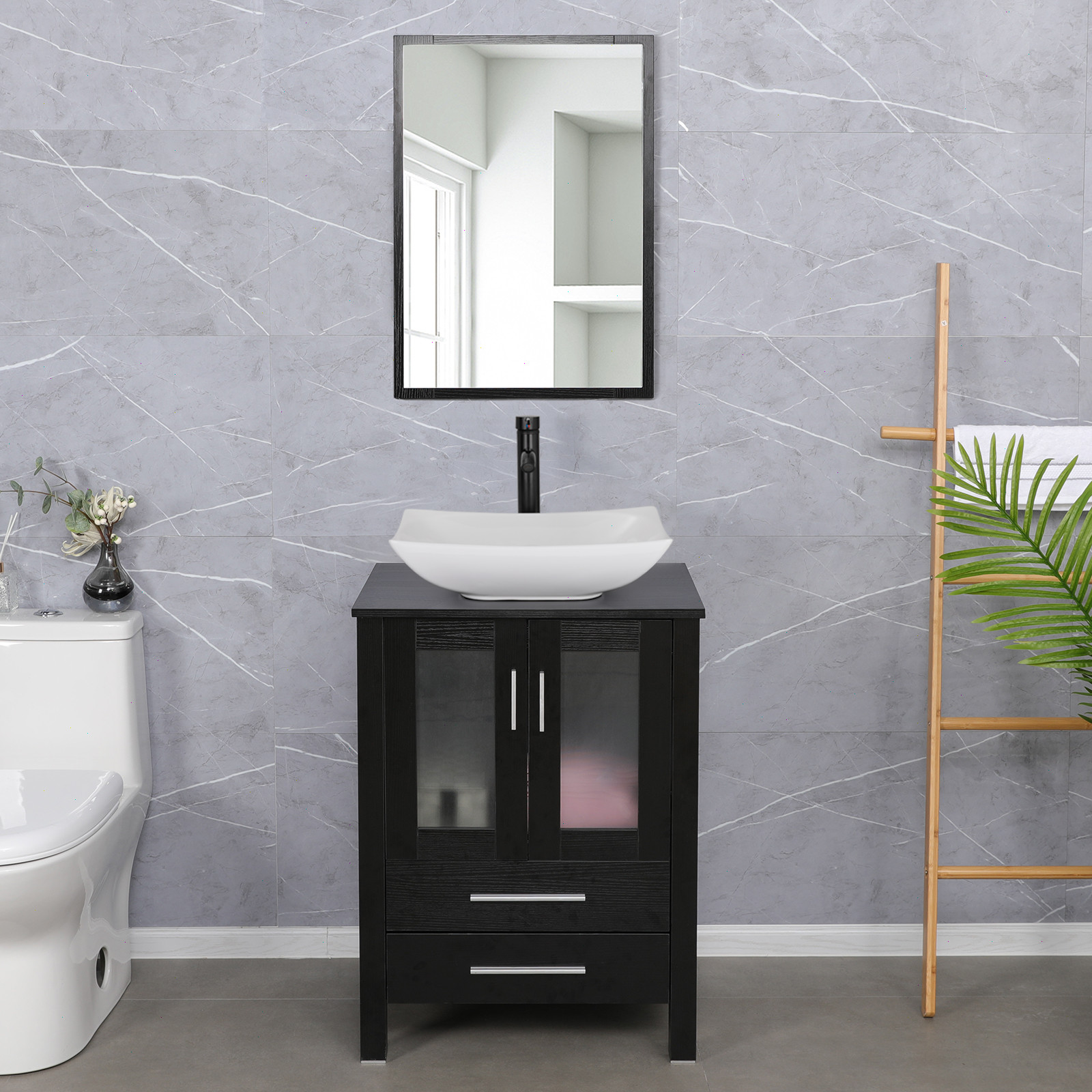 24″ Bathroom Vanity Cabinet Combo Organizer Top Vessel Sink W/ Faucet Drain Hose