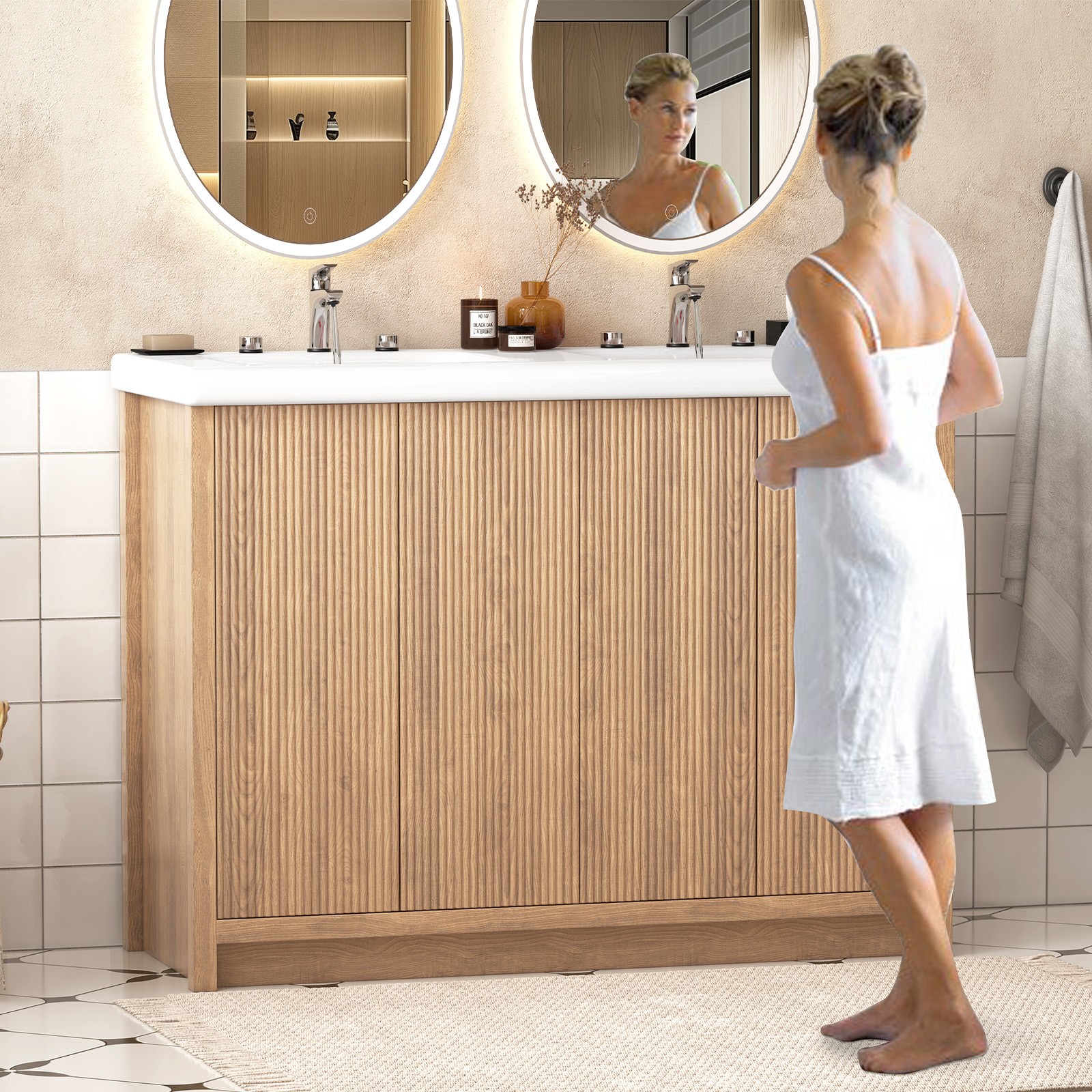 Large Bathroom Vanity Double Ceramic Sink Cabinet Storage Freestanding