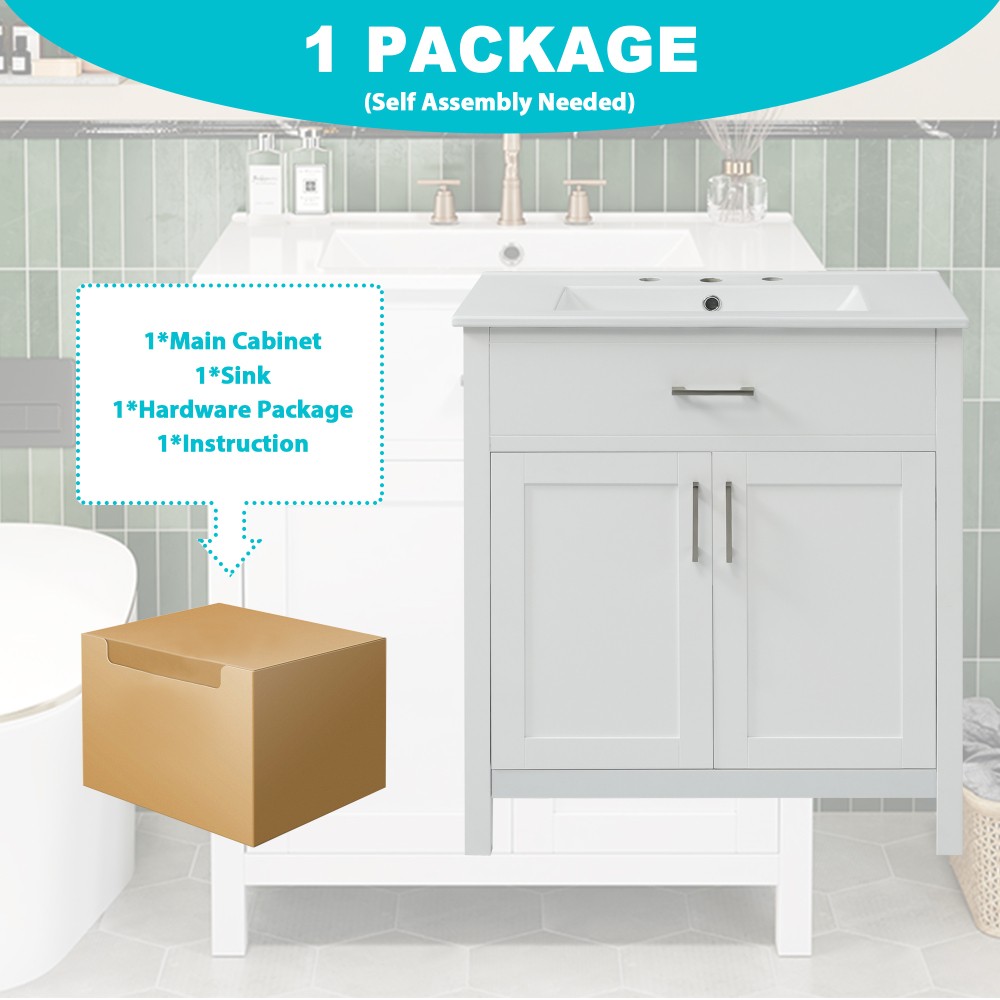 30″ Bathroom Vanity Ceramic Sink Soft Close 2 Door Drawer Silver Storage Cabinet