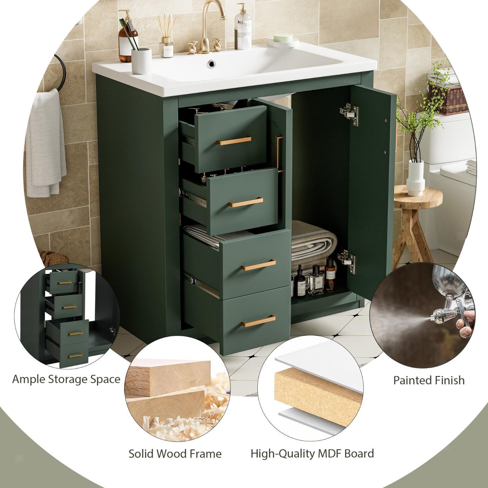 30” Bathroom Vanity with Ceramic Sink Combo,Solid Wood Frame Bathroom Storage