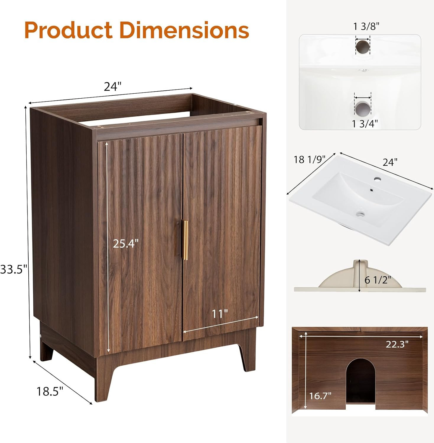 24 Inch Bathroom Vanity with Sink, Mid-Century Modern Vanity with Ceramic Basin