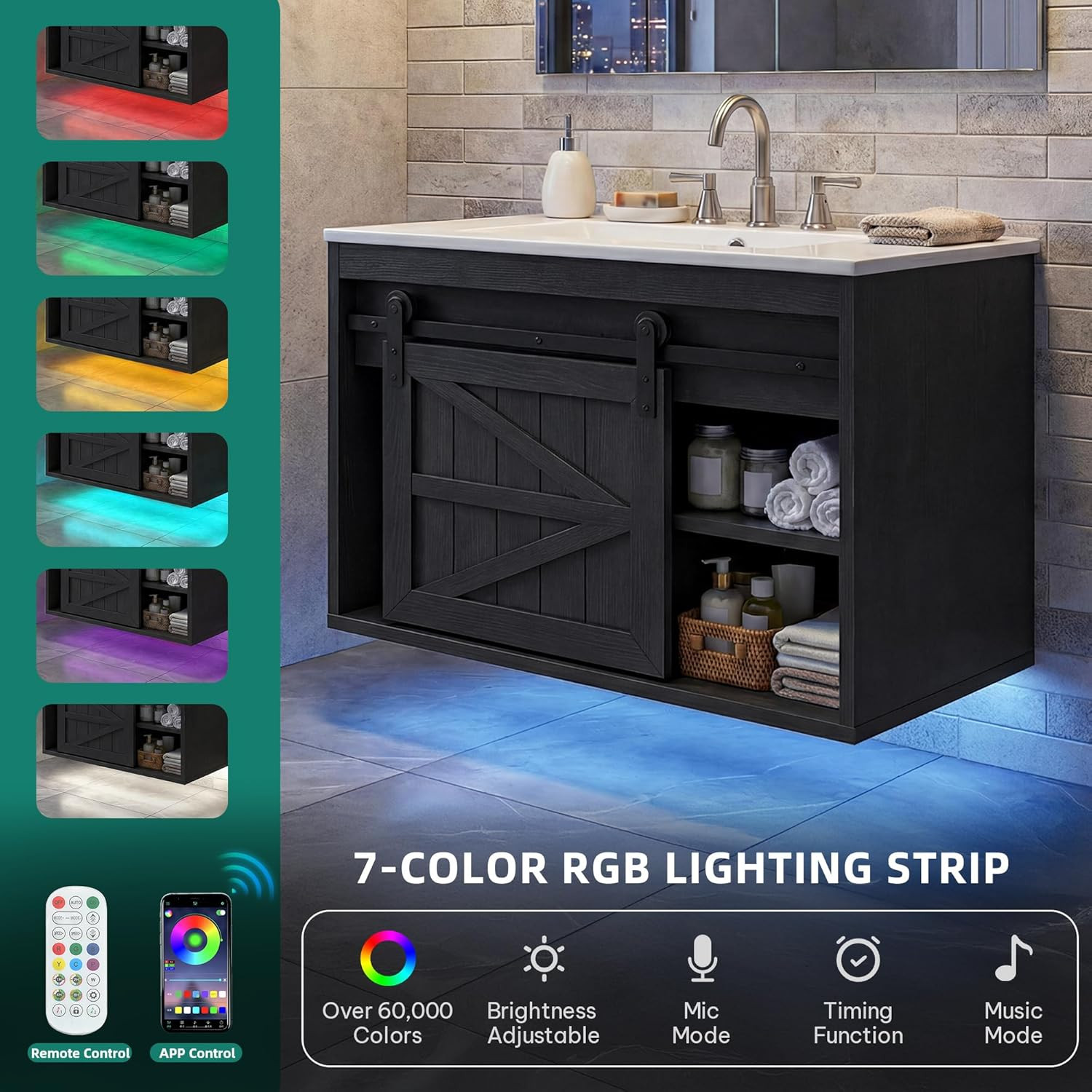 24″ LED Farmhouse Bathroom Vanity with Sink & Sliding Barn Door, Wall-Mounted