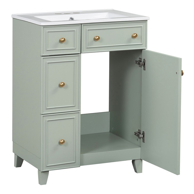 24″ Green Bathroom Vanity Cabinet with Ceramic Sink,2 Drawers,1 Soft-Close Door