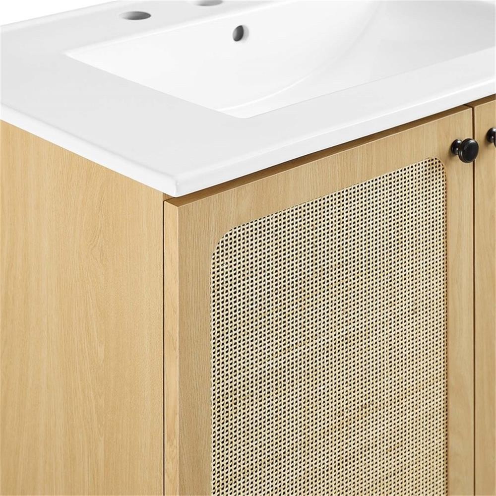 Pemberly Row Contemporary 30″ Wood & Rattan Bathroom Vanity in Oak/White