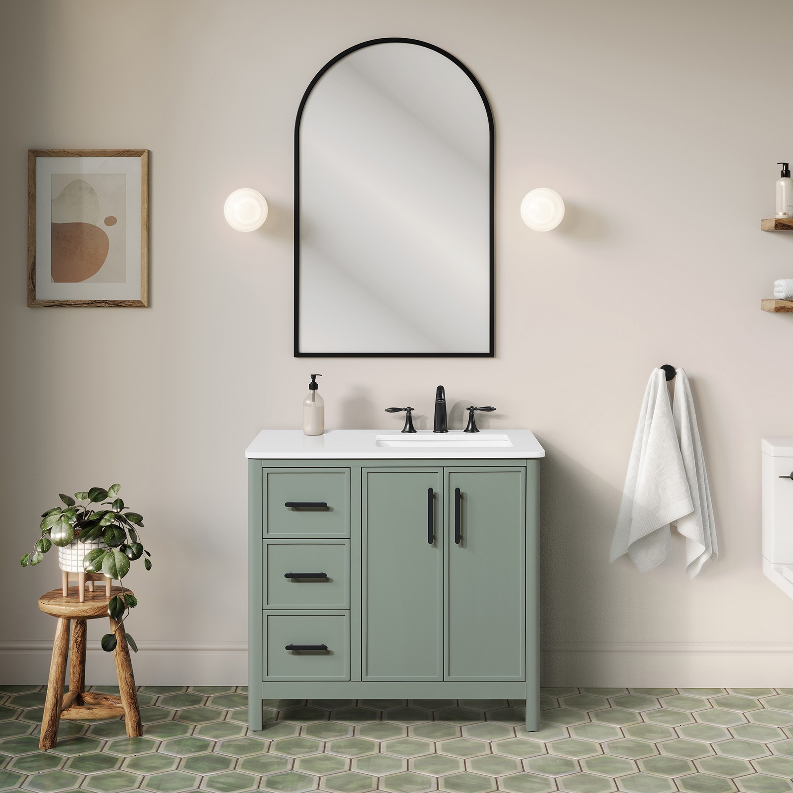 Solas 36″ Bathroom Vanity in Sage Green with White Countertop