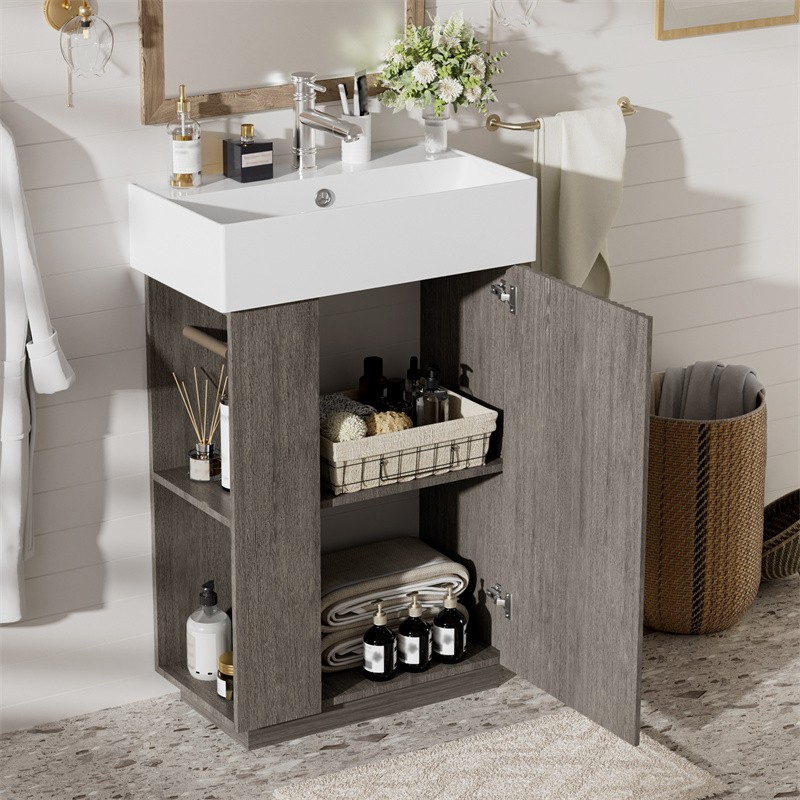 21.6″ Bathroom Vanity with Single Sink,Freestand Right Door Wood Grain Cabinet
