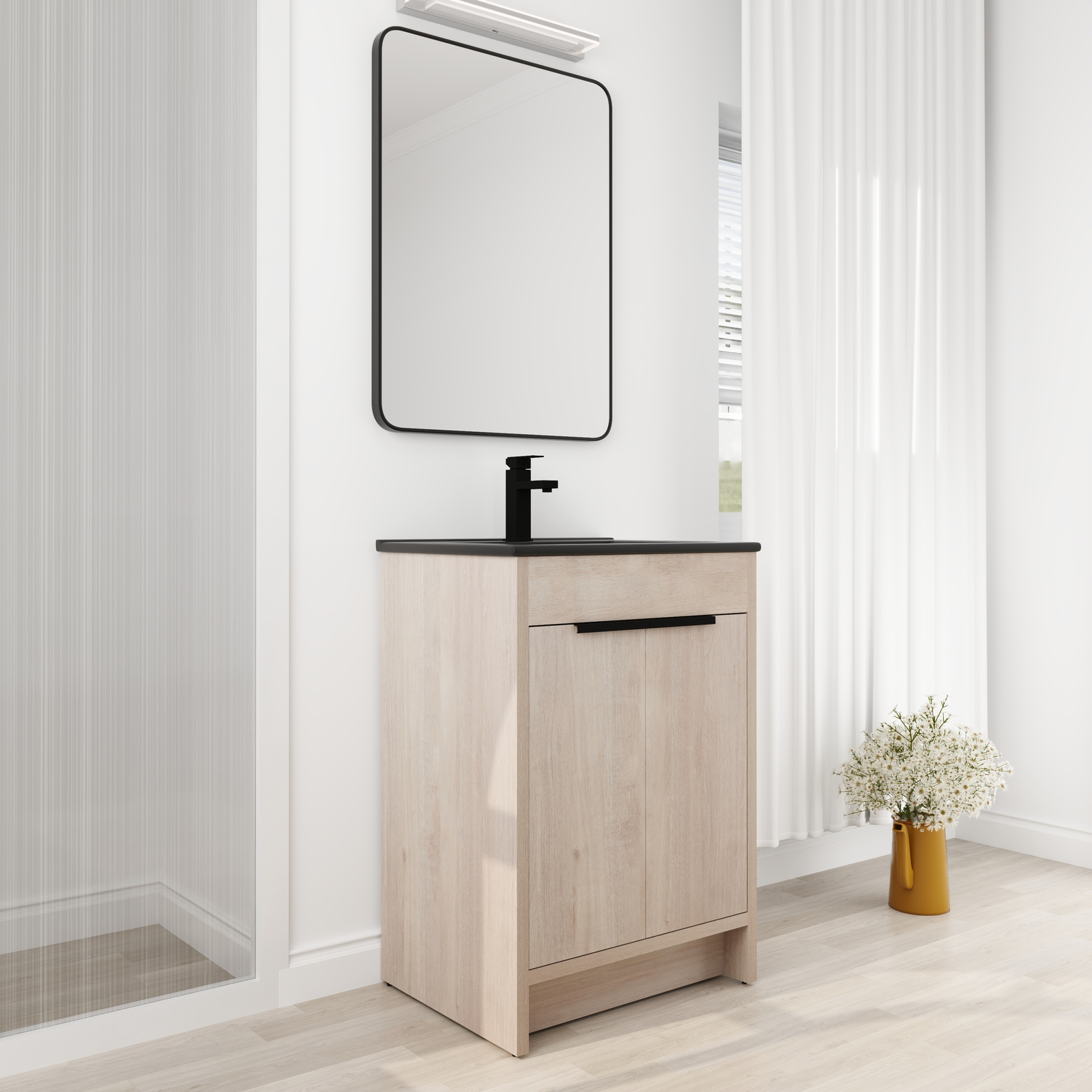 24″Wooden Floor Free Standing Bathroom Vanity Black Sink Cabinet For Small Space