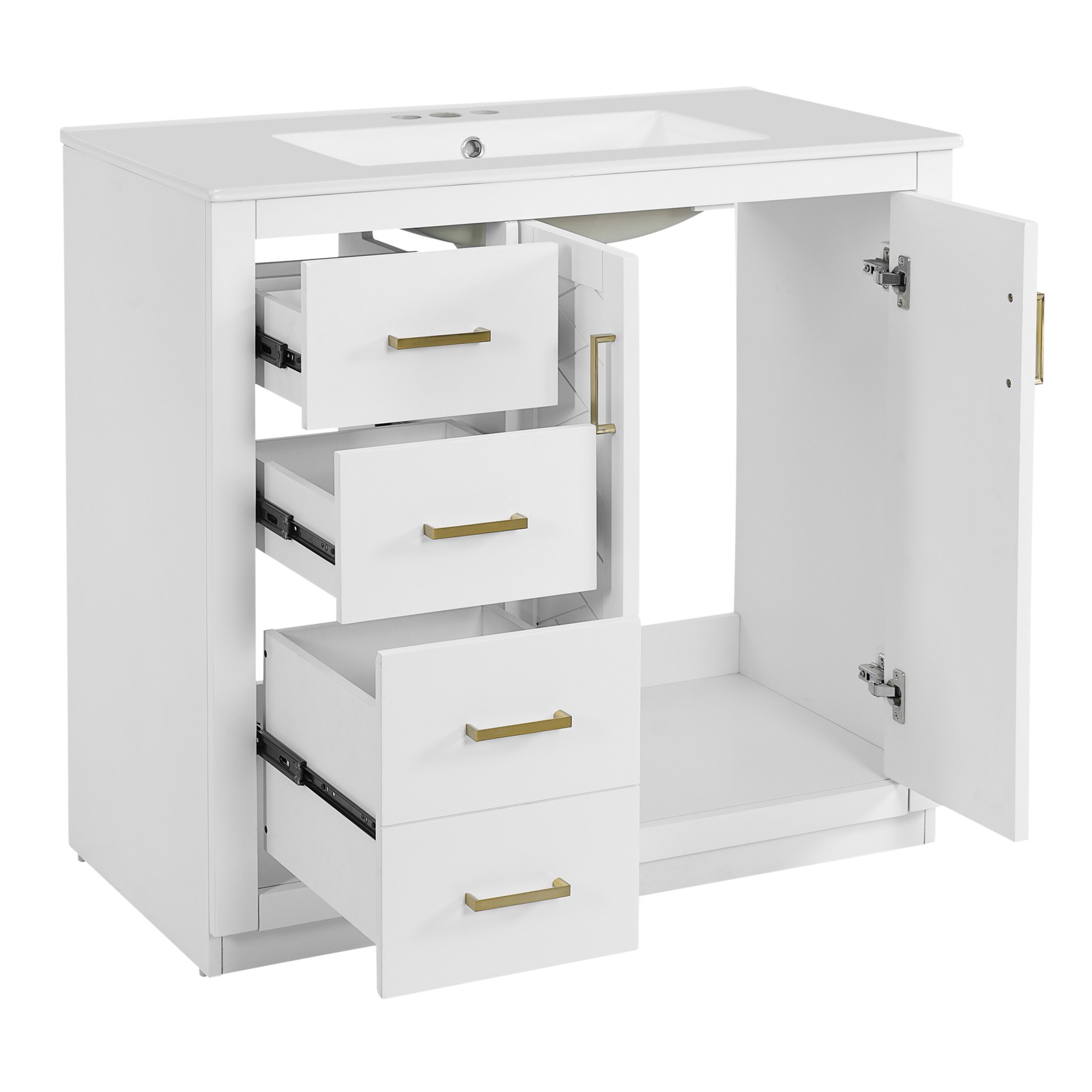 36″ Bathroom Vanity with Ceramic Sink, Solid Wood Frame, 3 Drawers & Doors