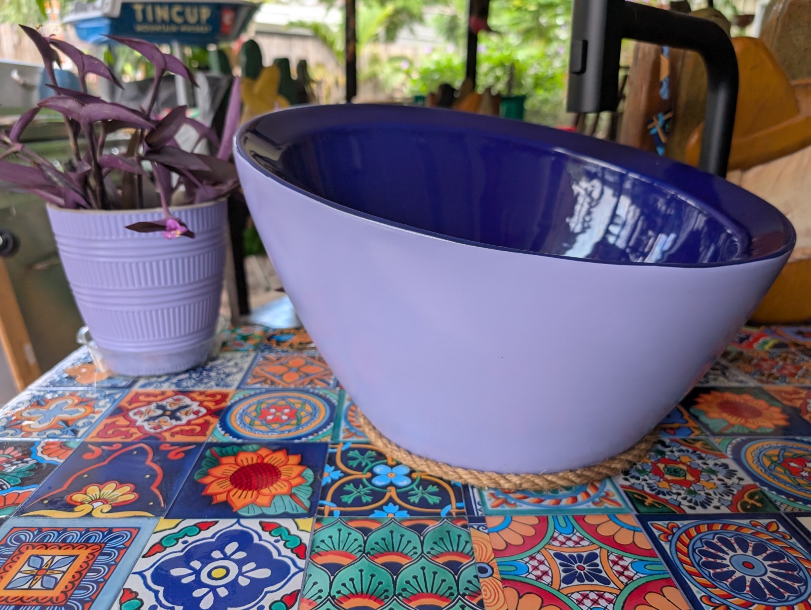 BATHROOM SINK VANITY DEEP BLUE FRENCH LILAC GRANITE TOP WITH MEXICAN TILE DECAL