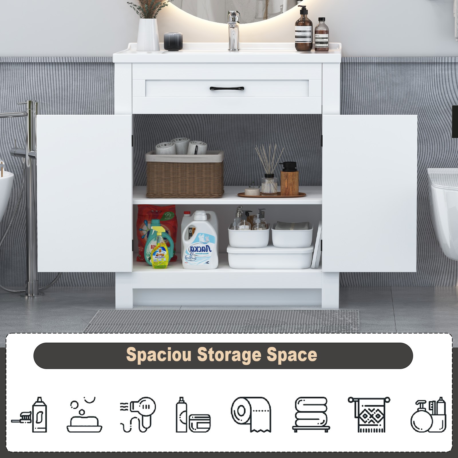 31in White Bathroom Vanity with Ceramic Sink,Divider Drawer & 2 Soft-close Doors