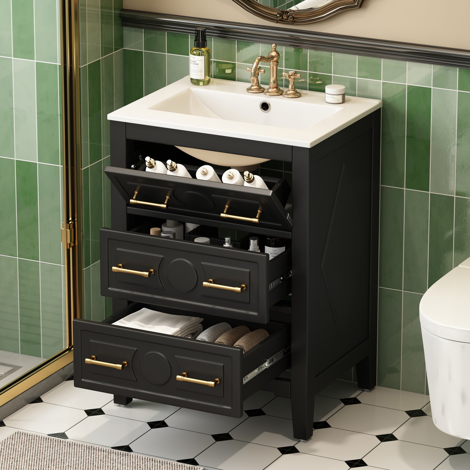 24” Bathroom Vanity with Ceramic Sink, 3 Drawers, Solid Wood Frame Retro Black