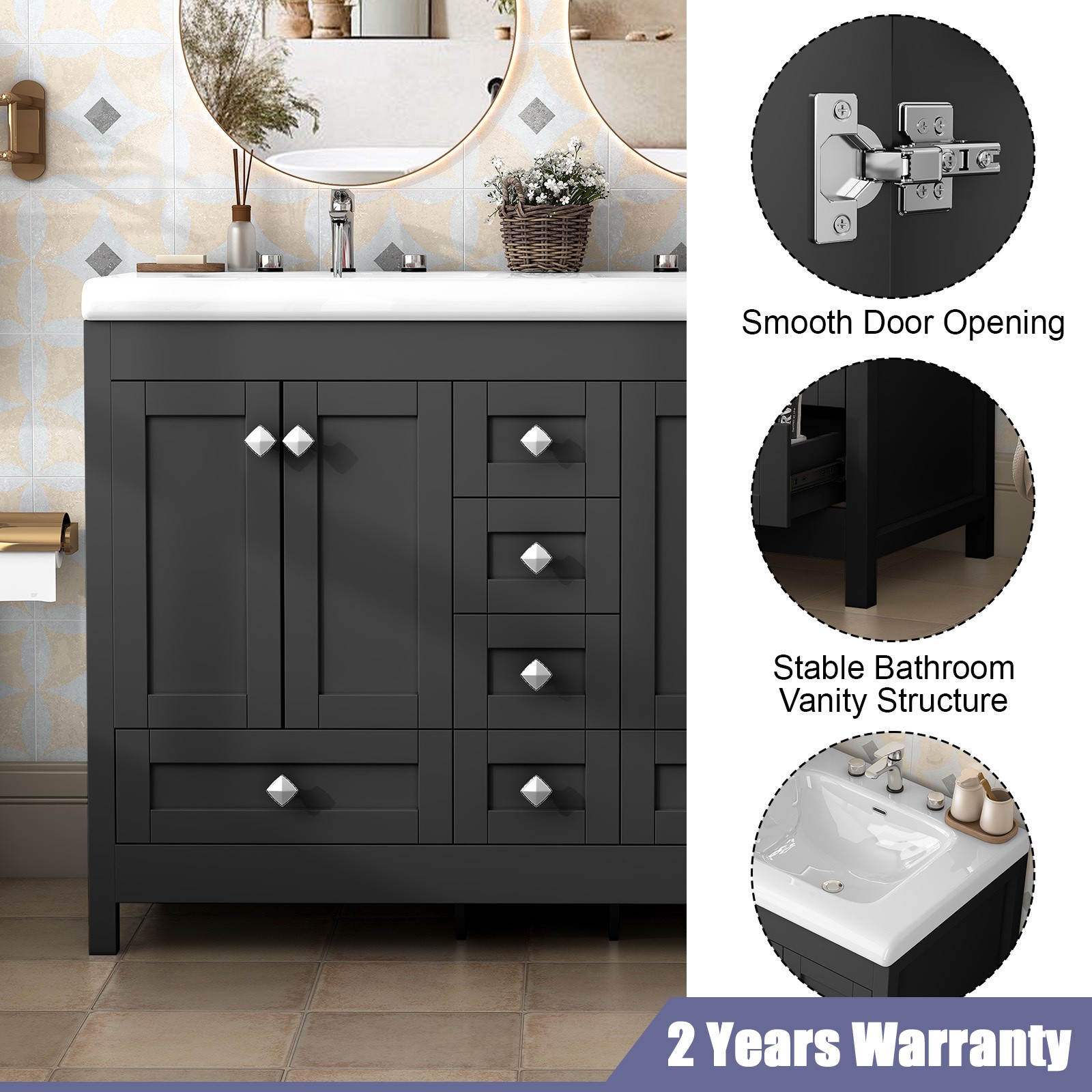 47″ Modern Freestanding Bathroom Vanity w/ Double Sink Ceramic Organizer Cabinet