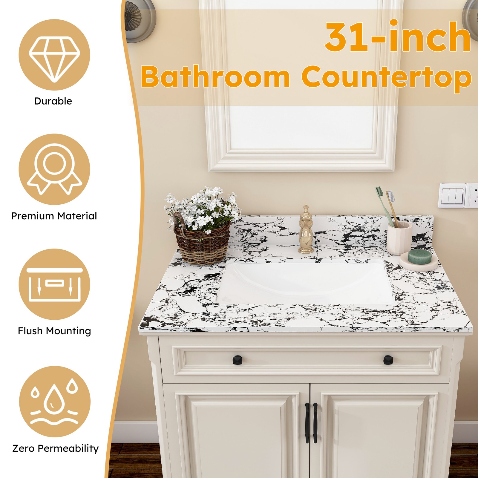 31″x22″ Bathroom Vanity Top with Undermount Sink & Backsplash