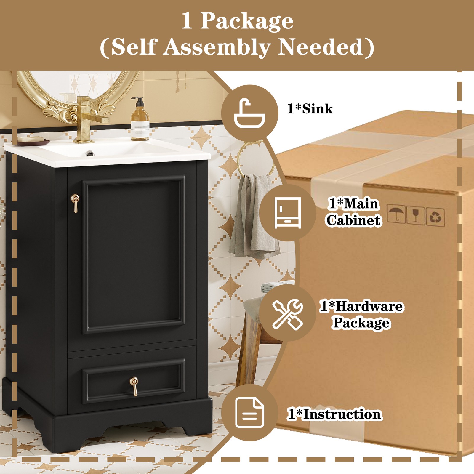 20″ Bathroom Vanity with Ceramic Sink Modern Storage Cabinet w/Soft Close Door