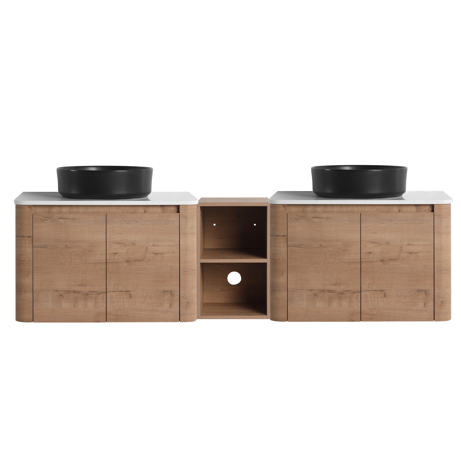 72” Wall-Mounted Bathroom Vanity Double Ceramic Black Vessel Sink 4 Doors Wood