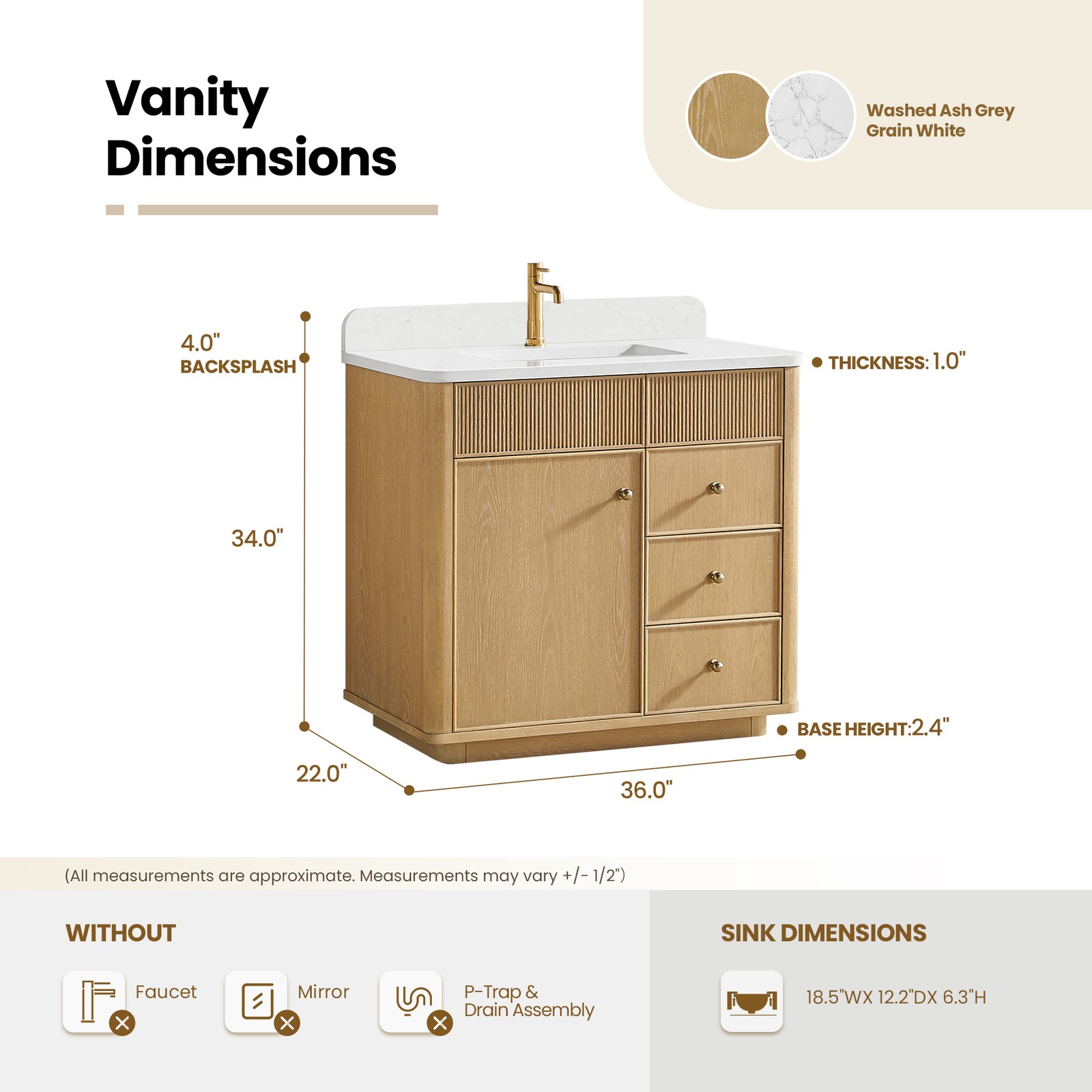 Zogno 36″ Solid Wood Single Bath Vanity in Washed Ash Gray with White Stone Top