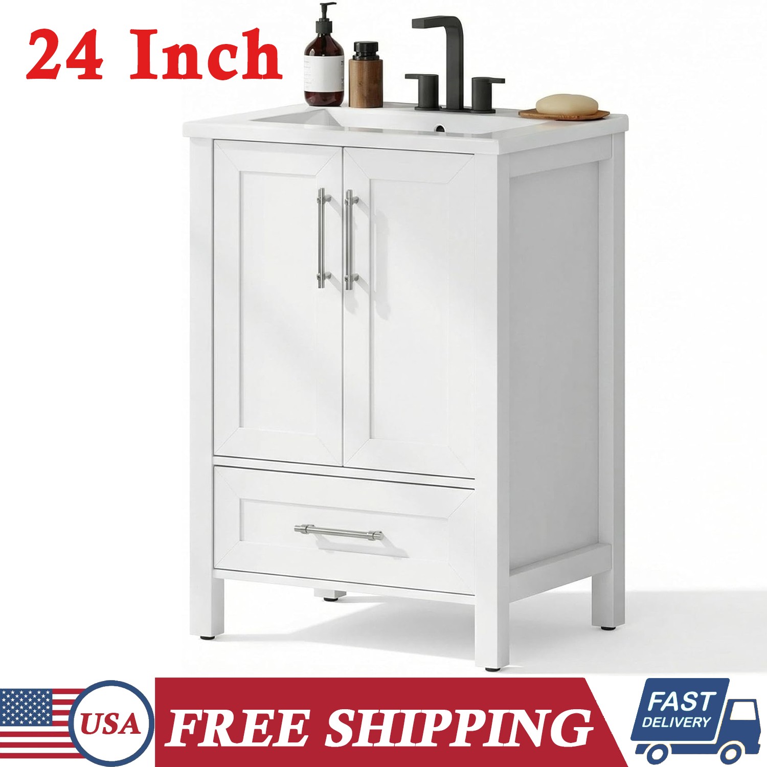 24 Inch White Modern Bathroom Vanity w/ Sink Freestanding Wooden Storage Cabinet